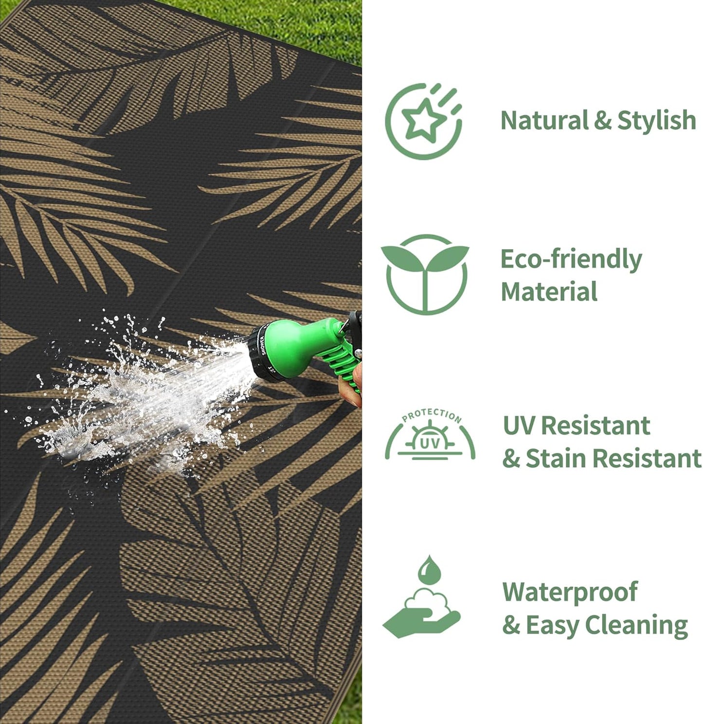 GENIMO Outdoor Rug 10' x 20' Waterproof for Patios Clearance, Reversible Outdoor Plastic Straw Camping Rug Carpet, Large Area Rugs Mats for RV, Camper, Deck, Balcony, Porch, Beach, Picnic, Black&Brown