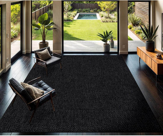 CAMILSON Easy Jute Rug 8x10, Indoor Outdoor Dark Gray Black Farmhouse Area Rugs for Living Room Patio and Kitchen Rug Solid Boho Woven Design Easy-Cleaning Washable Outside Carpet Alfombras (8 x 10)