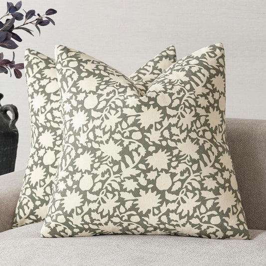 Foindtower Set of 2 Decorative Neutral Floral Throw Pillow Covers Accent Farmhouse Cushion Covers Boho Vintage Pillowcase for Couch Sofa Bedroom Living Room Home Decor Outdoor,24×24 Inch,Sage Green