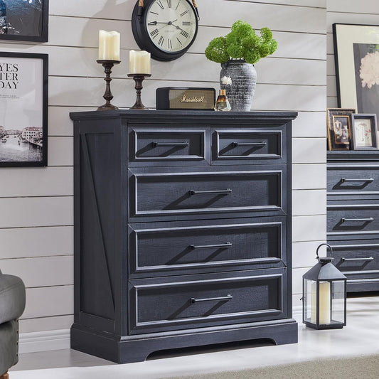 Farmhouse 5 Drawer Dresser for Bedroom, 36 Inch Tall Modern Chest of Drawers, Rustic Wood Storgae Organizer with Large Drawers & Bar Handles for Bedroom, Living Room, Hallway, Black