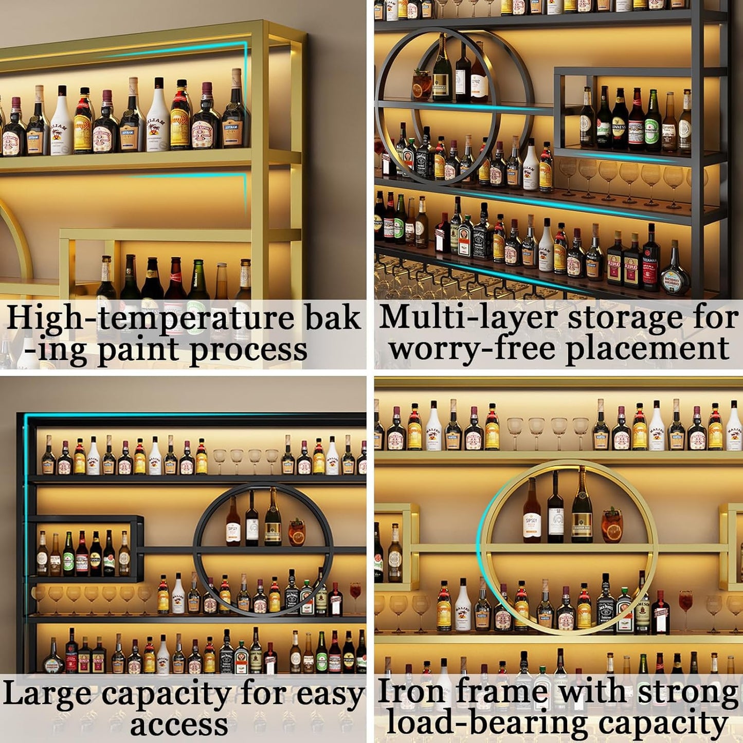 63in Wall Mounted Wine Rack, Modern Metal Wine Bottle and Glass Holder, Iron Display Stand Decorative Wine Rack, for Bar Living Room Dining Room Background (Black, 63 * 8 * 51INCHES)