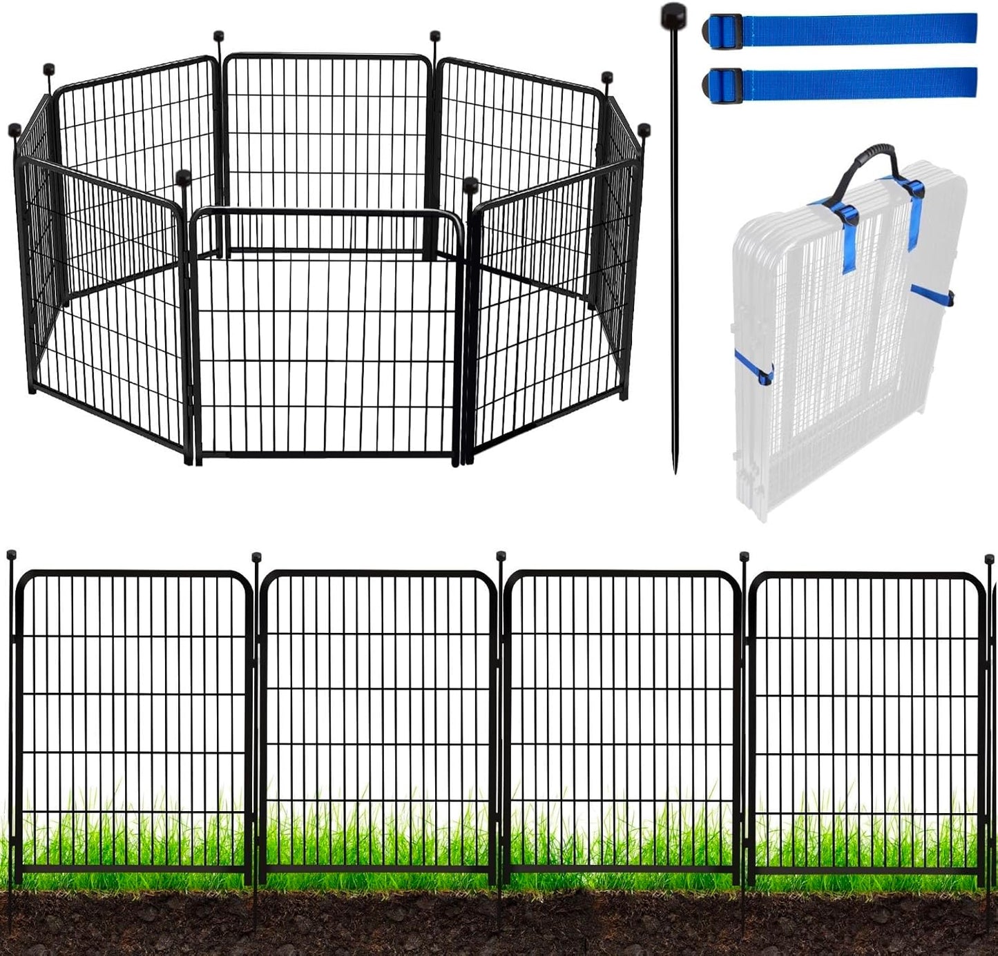 ADAVIN Tall Garden Fence Animal Barrier, 54 in(H) Dog Fence Outdoor for Yard, Wide Door Low Threshold 8 Panels Total 17.7 Ft(L) Dog Fencing,Temporary Fences for Medium/Large Pets（No Gate）
