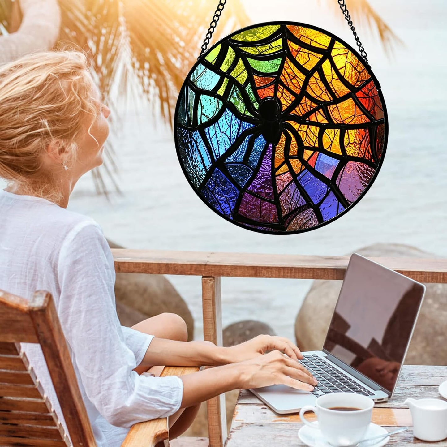 Stained Glass Suncatcher, Colorful Spider Sun Catcher Black Insect Stain Glass Window Hanging Decoration Mother's Day Birthday Gifts for Women Men Mom Nana 11.8 in