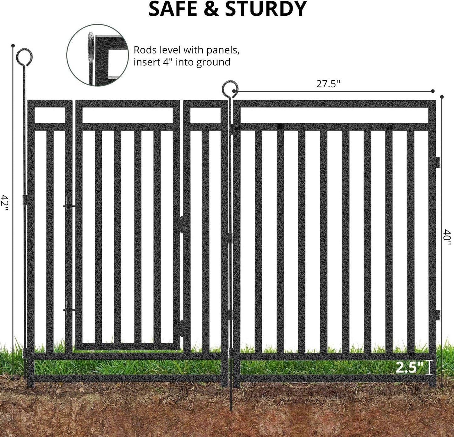 Decorative Garden Fence Metal Dog Fence Outdoor for Yard, 18ft (L) × 40in (H), 7 Panels + 1 Gate, Heavy Duty Animal Barrier Fencing for Patio & Flower Bed, No Dig, Black-Silver