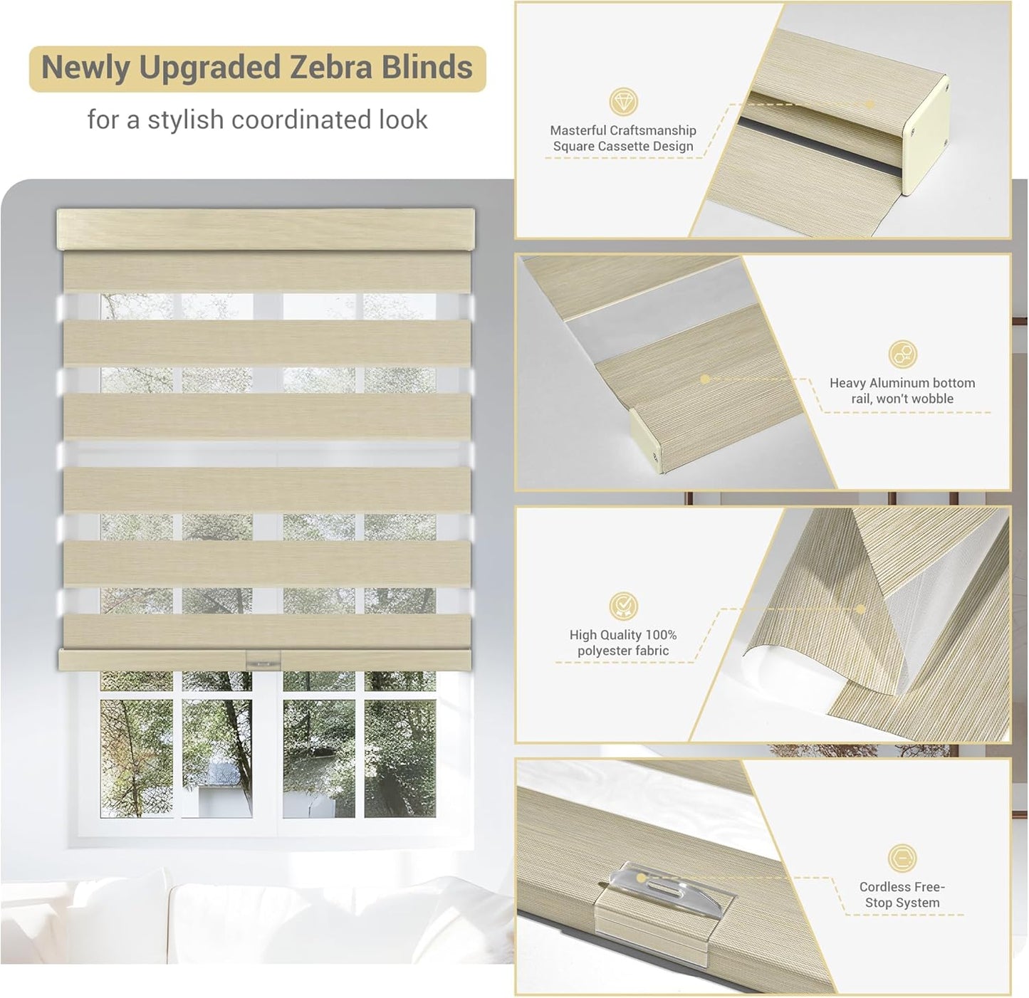 Cordless Zebra Blinds for Windows, Blackout Interior Blinds,Easy to Install,UV Protection,for Offices and Home,Custom Roller Shades, Mousse Beige,63" W x 80" H