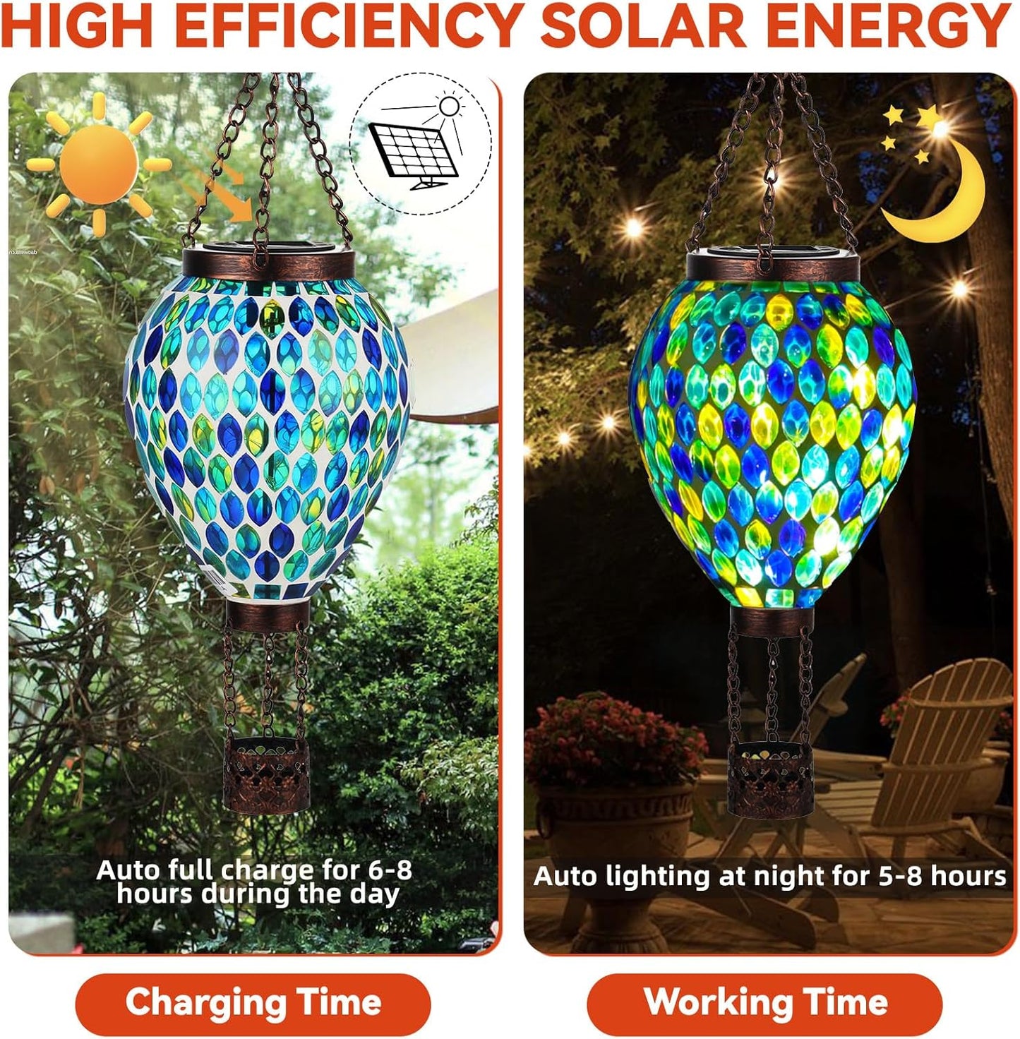 VOREEN Hot Air Balloon Solar Lantern, Mosaic Solar Outdoor Hanging Wind Light, Waterproof, Patio Festive Decor, Gift for Mom Wife Friend, Blue