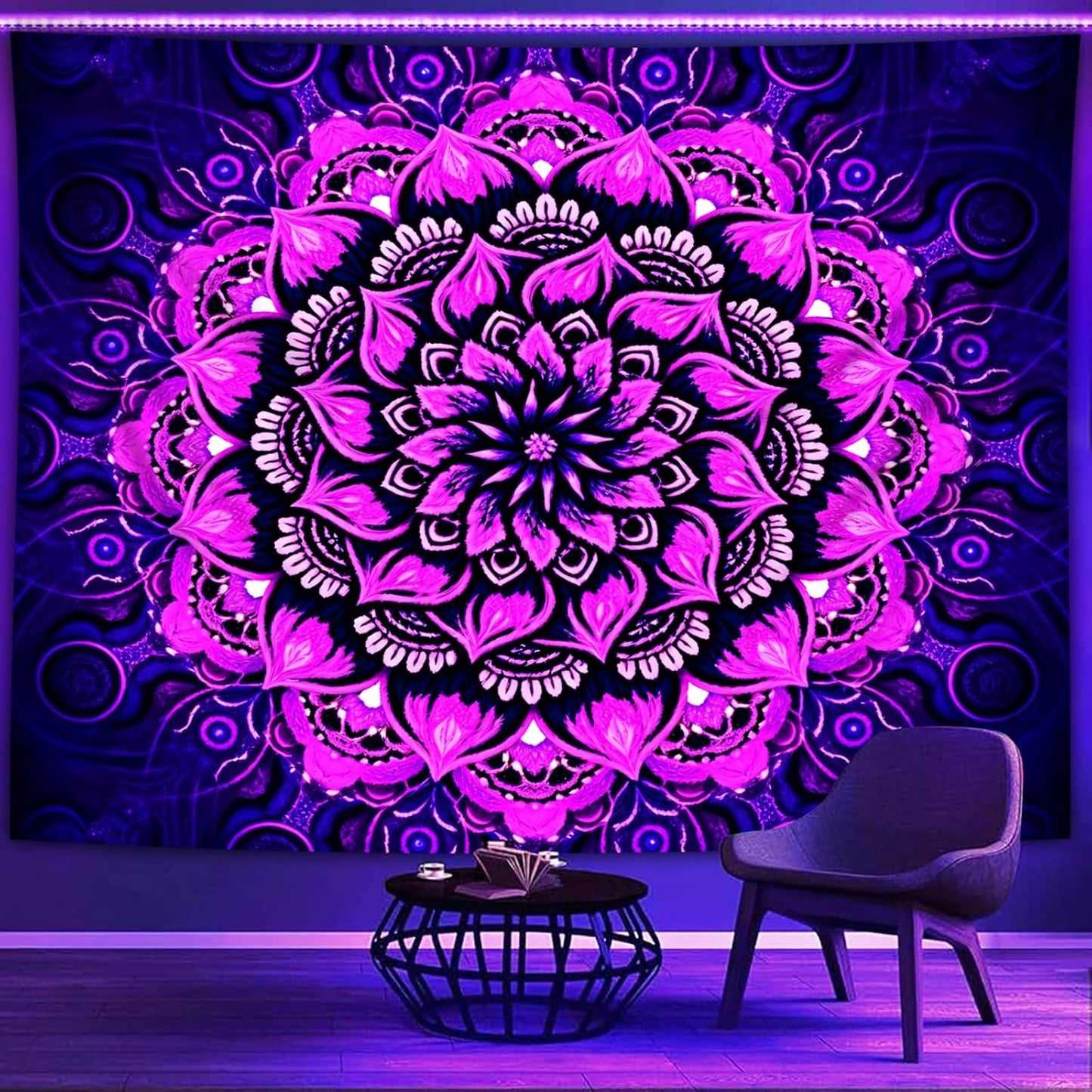 Psyhilar Blacklight Mandala Tapestry Wall Hanging, Psychedelic Flower Black Light Posters for Adults and Teens, UV Reactive Aesthetic Bohemian Art for Bedroom (90 x 70 Inches)
