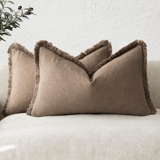 Foindtower Set of 2 Decorative Linen Fringe Throw Pillow Covers Boho Farmhouse Cushion Cover with Tassels Accent Pillowcase for Couch Bed Sofa Living Room Home Bedroom Decor, 12×24 Inch, Light Brown