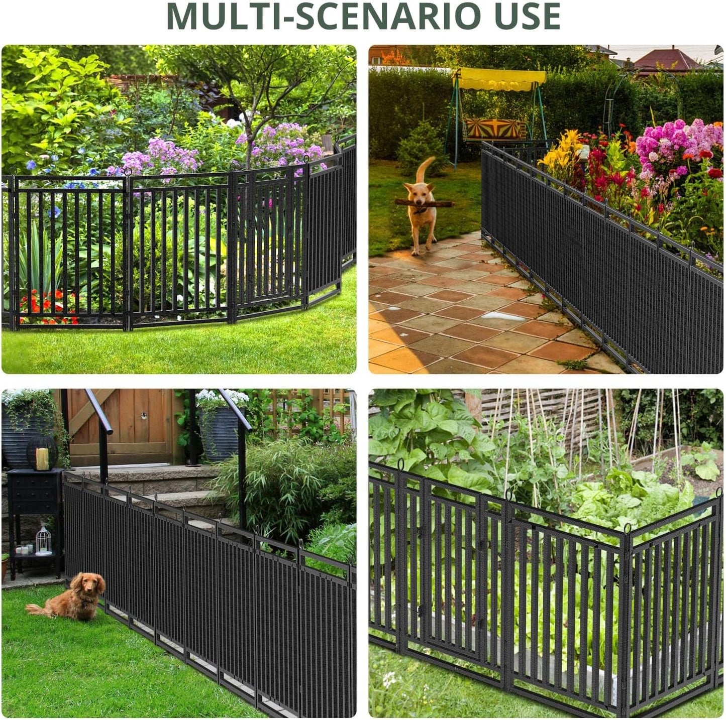 Decorative Garden Fence Metal Dog Fence Outdoor for Yard, 36ft (L) × 40in (H), 14 Panels + 2 Gates, Rustproof Animal Barrier Fencing for Patio & Flower Bed, No Dig, Black-Silver