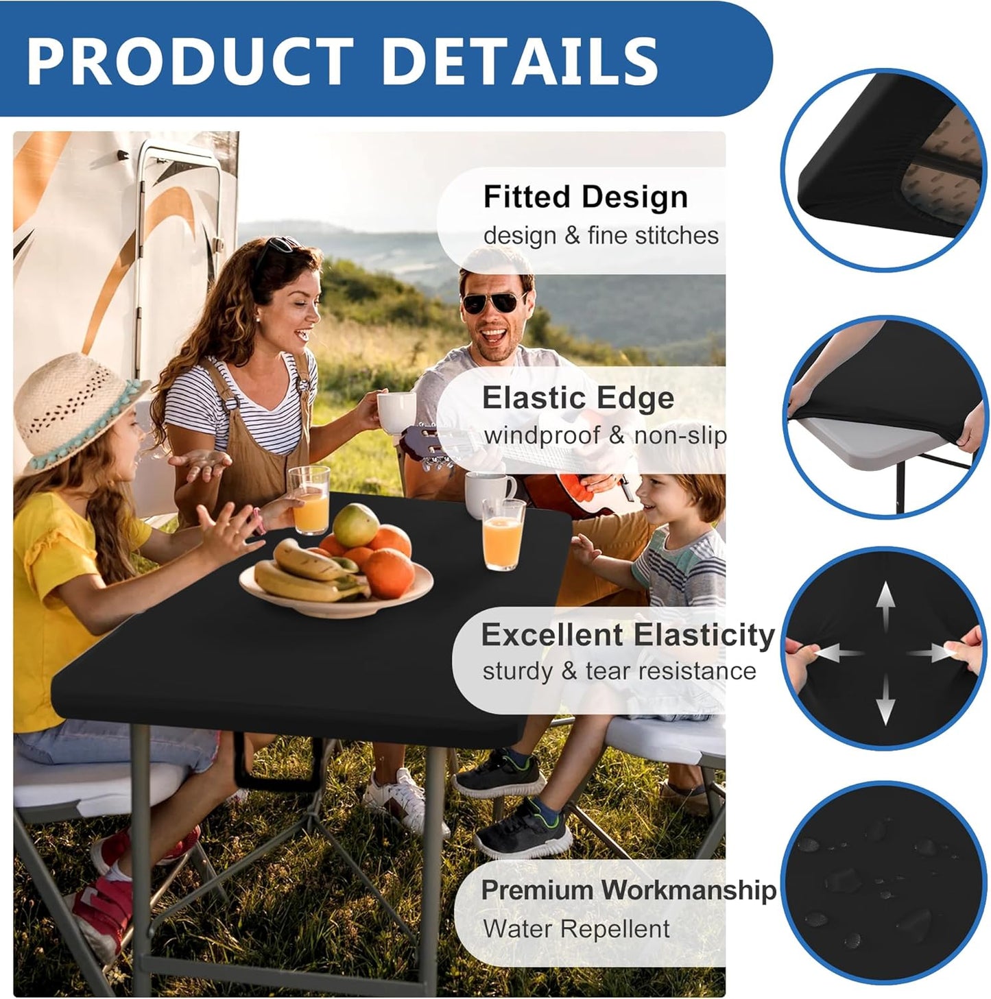 Fitted Tablecloth for 6 Foot Rectangle Tables-4 Pack Black Elastic Outdoor Picnic Table Cover-Spandex Stretch Folding Table Cloths 6 ft for Camping Dining Room Patio Kitchen Banquet Party