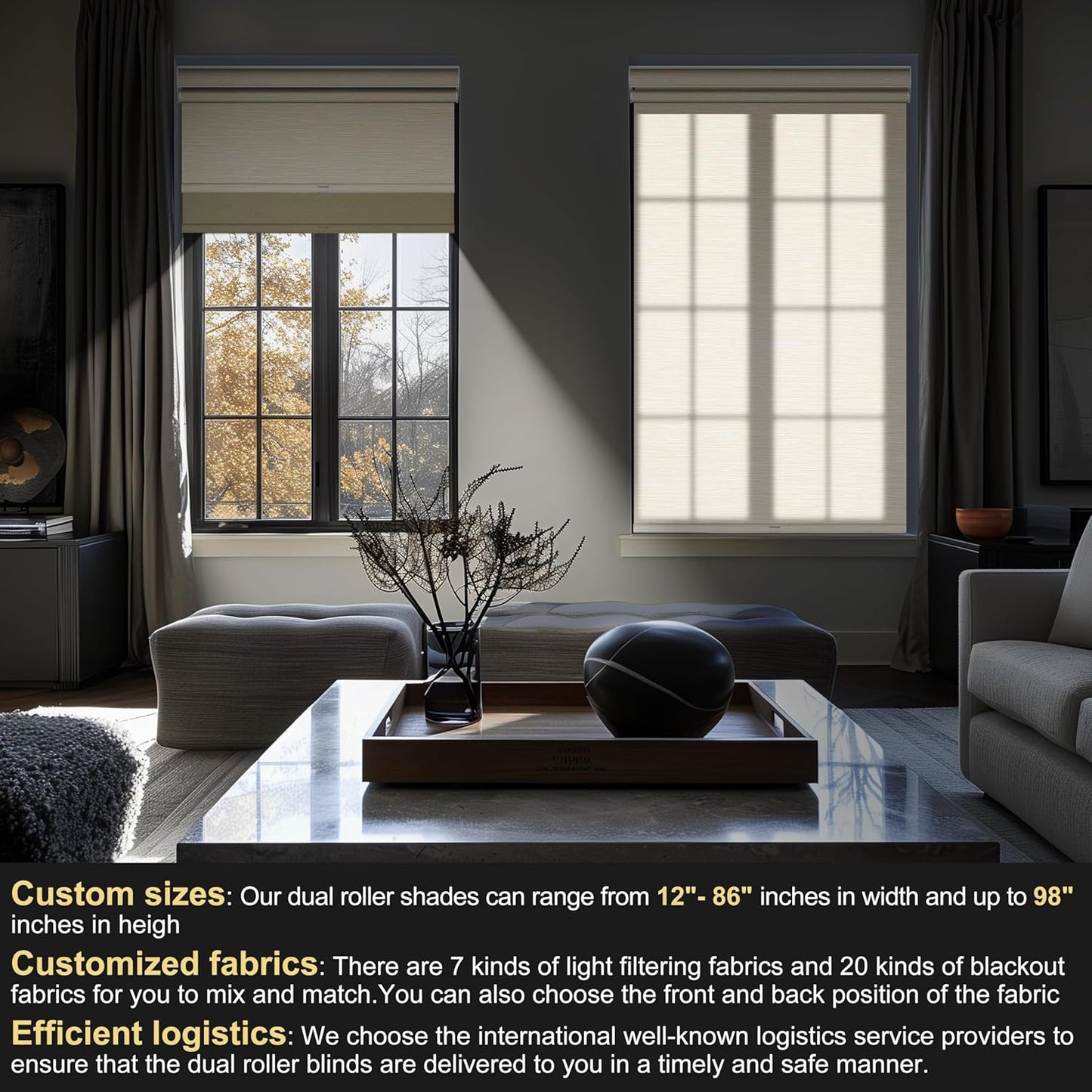 BERISSA Dual Roller Shades with Cassette Valance, Blackout and Light Filtering, Day and Night Shades for Home Office Door. Striped Jacquard Beige. 50 W x 64" H
