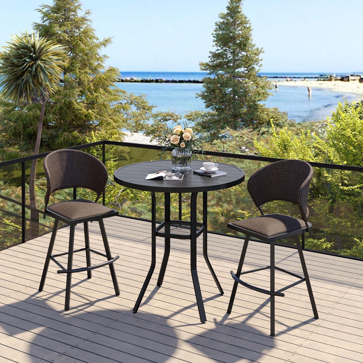 VICLLAX 35.5" Round Outdoor Bar Table, Bar Height Patio Table with Adjustable Umbrella Hole for Balcony, Black