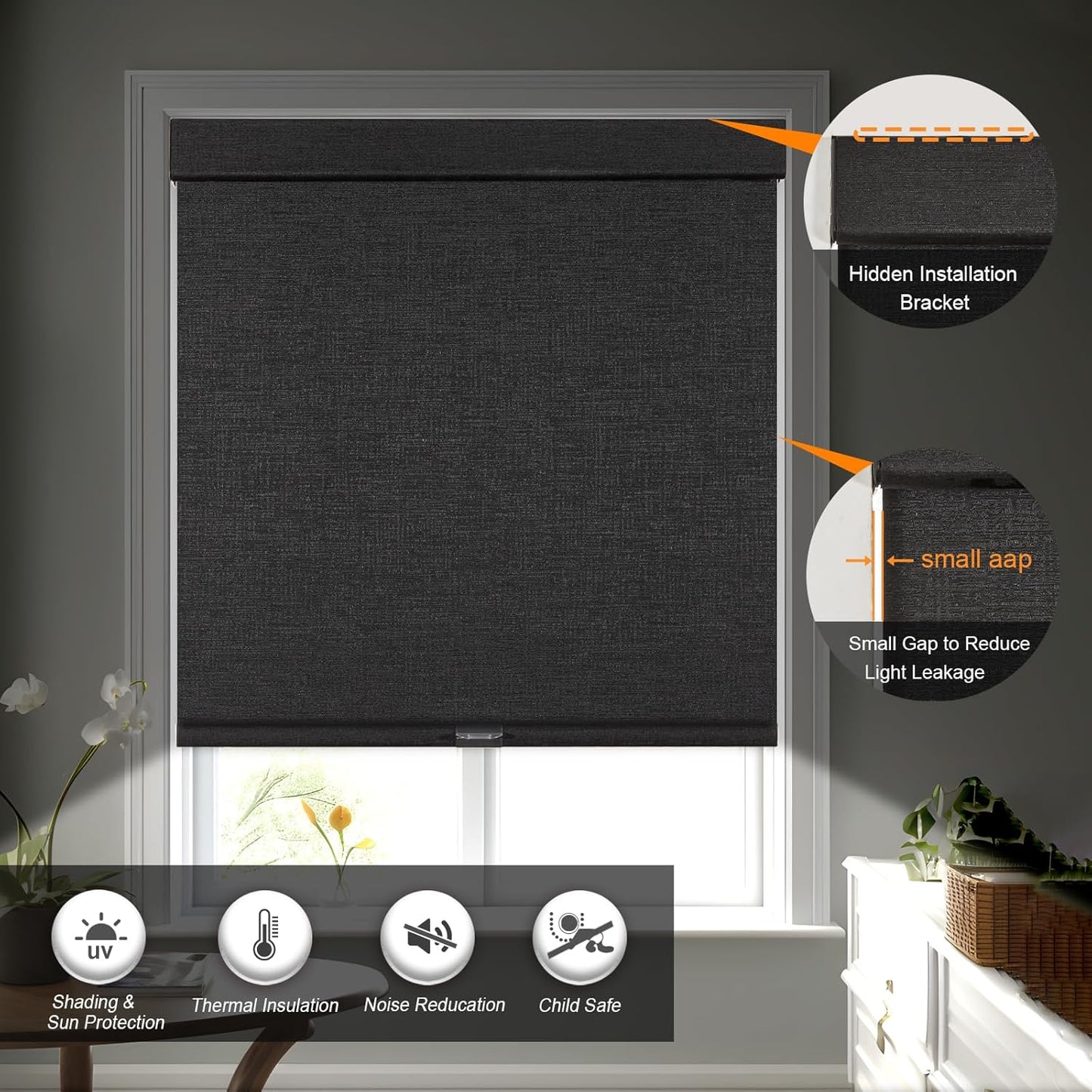 Persilux Free-Stop Cordless Blinds for Indoor Windows with Cover, Window Shades Blackout Roller Blinds, Thermal Insulated Fabric UV Protection for Kitchen, Office, Living Room, Black(85" W x 84" H)