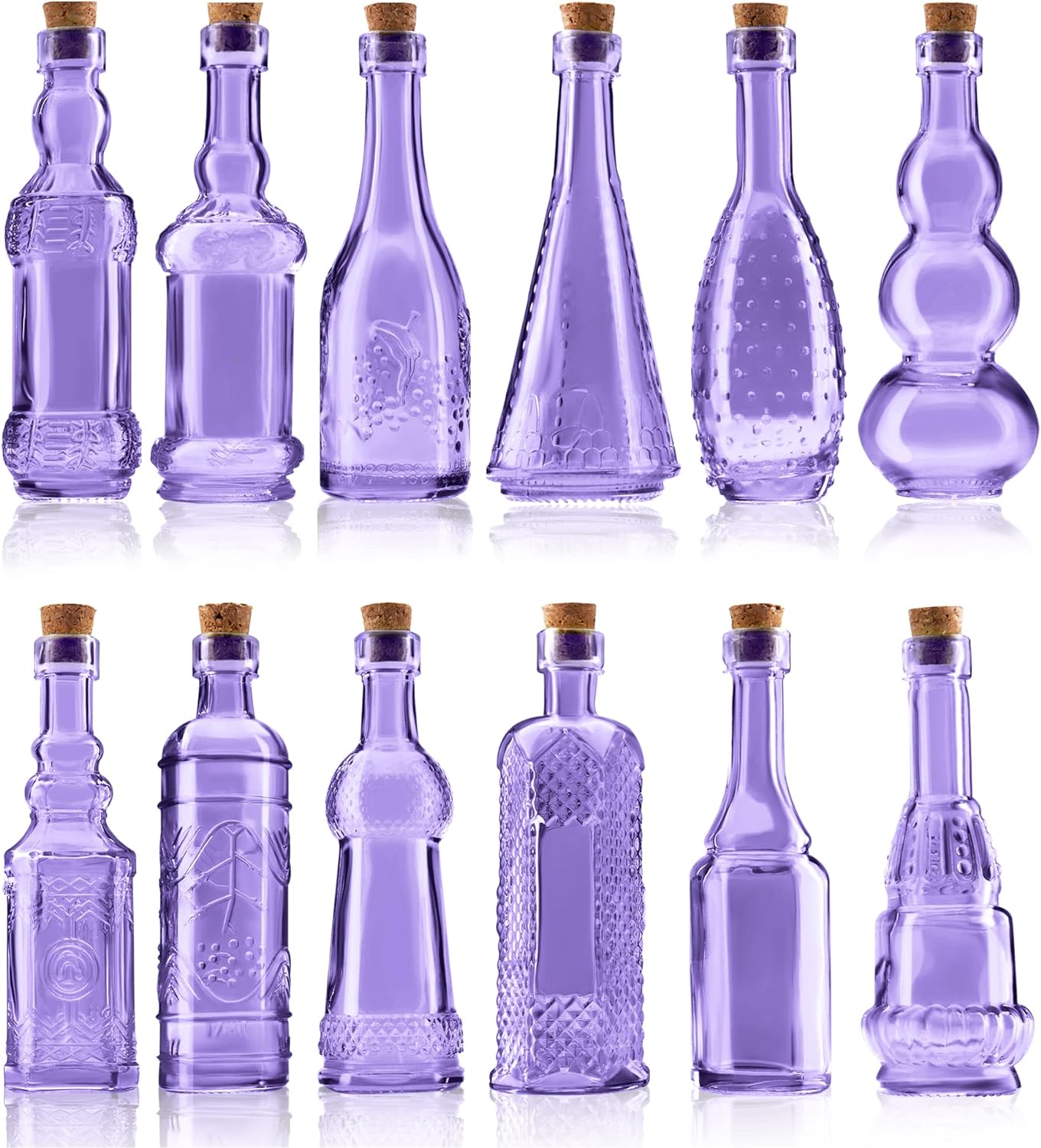 Small Mini Purple Vintage Glass Bottles with Corks, Mini Vases, Decorative Glass Bottle, Potion Bottles, Assorted Design Set of 12 pcs, 4.6 Inch Tall (11.43cm), 1.4 Inch Wide (3.56cm)