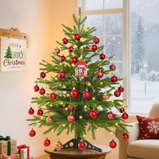 MARTINE MALL 3FT Realistic Norfolk Pine Small Christmas Tree with 50 LED String Light, Full Mini Christmas Tree Artificial Tabletop Xmas Trees with Red Hanging Ball Ornaments for Table Home Holiday