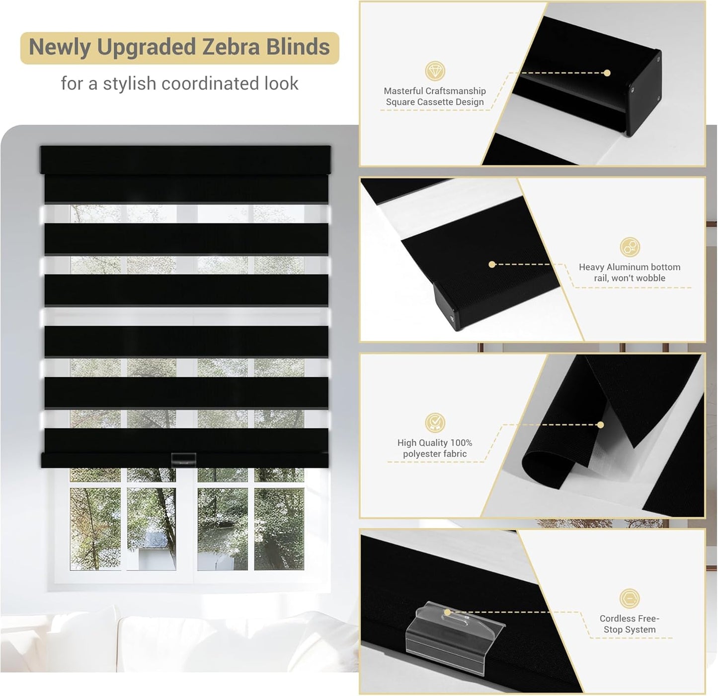 Cordless Zebra Blinds for Windows, Blackout Interior Blinds,Easy to Install,UV Protection,for Offices and Home,Custom Roller Shades, Solid Black, 17" W x 72" H