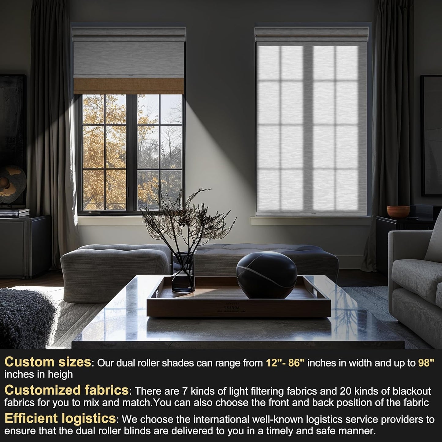 BERISSA Cordless Dual Roller Shades with Cassette Valance, Double Blackout and Light Filtering Shades, Day and Night for Home, Office, Door. Linen Beige and White. 40 W x 80" H