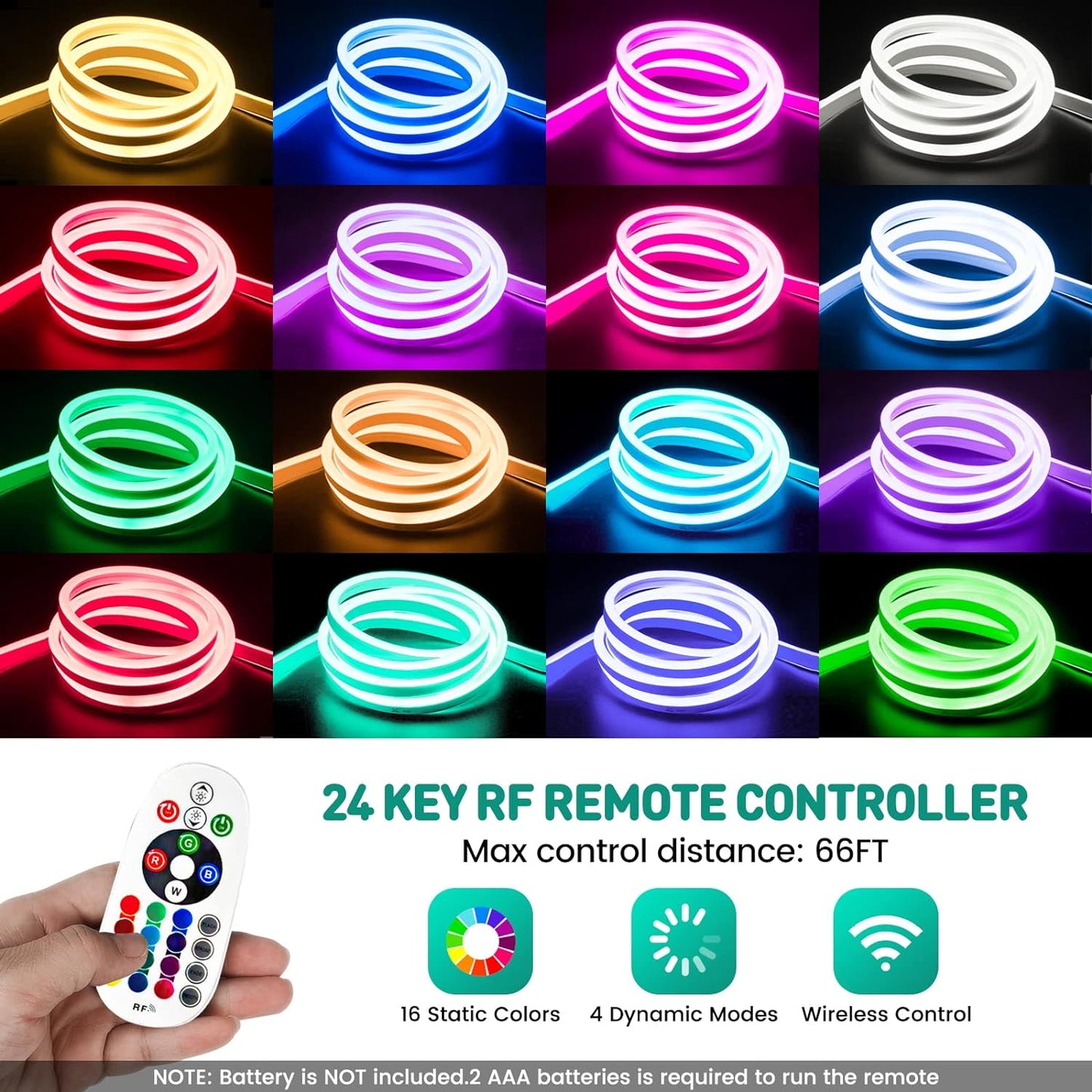 GZBtech RGB LED Neon Rope Lights 33FT/10M, AC 110-120V Waterproof Color Changing LED Rope with Remote Controller, Dimmable Multi Color Neon Rope Lighting for Indoor Outdoor Commercial Use