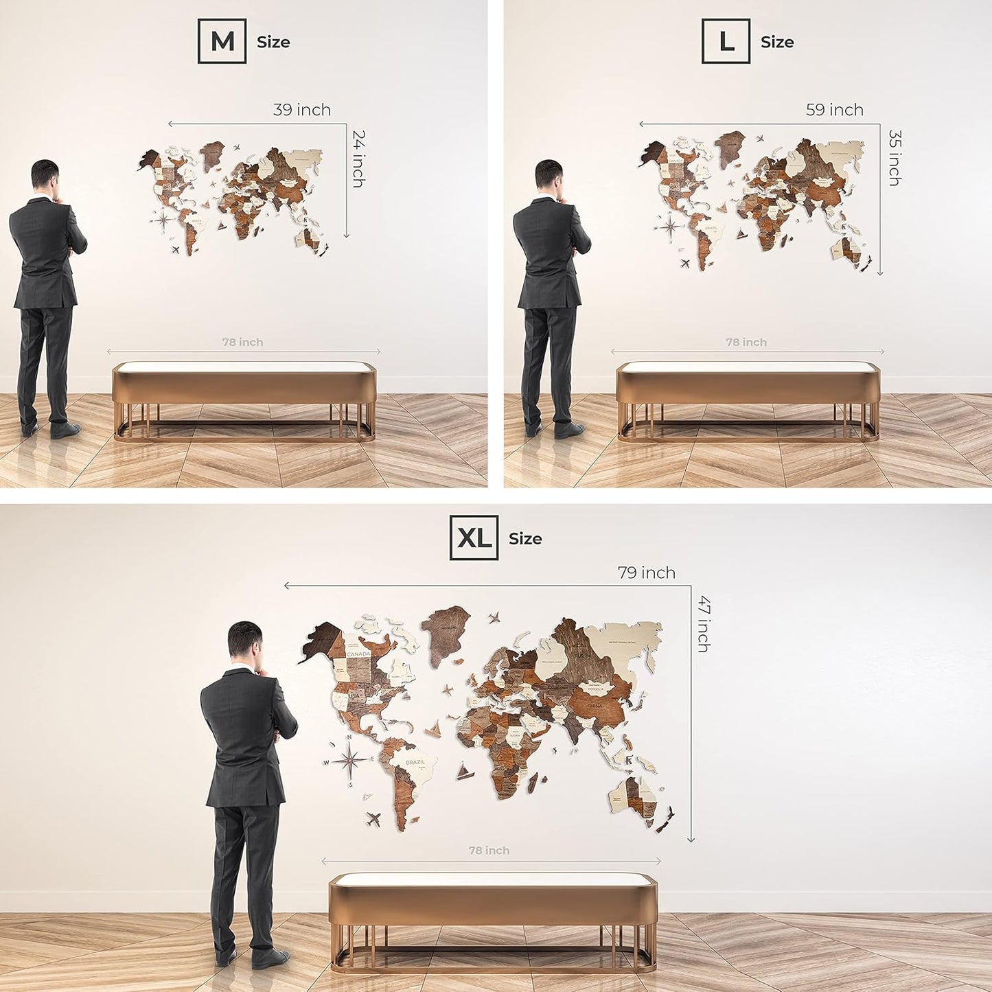 Handmade 3D Wood World Map Wall Art Large Wall Decor Track Your World Travels - Special For Home, Kitchen And Office (Large, Cappuccino)