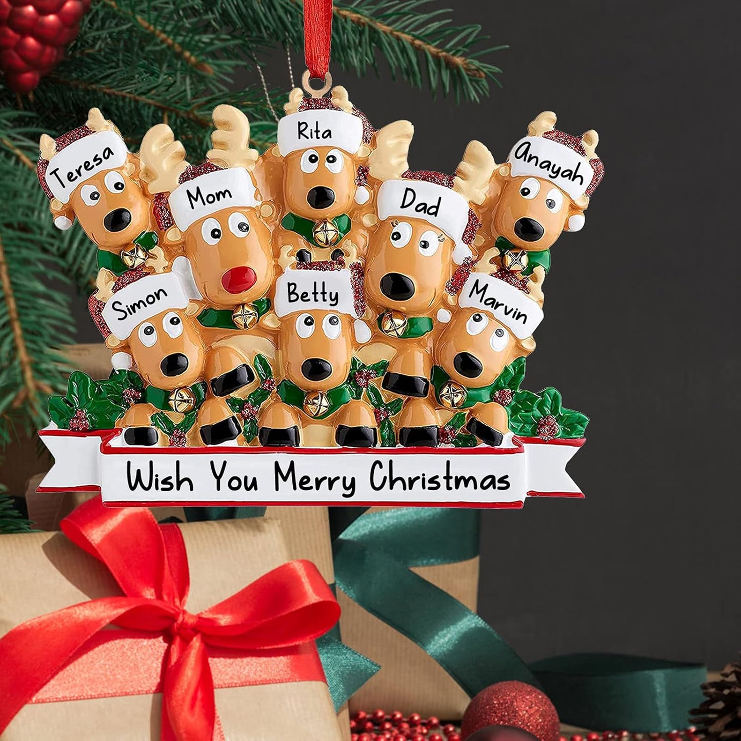 Personalized Deer Christmas Ornaments 2025 Family of 2,3,4,5,6,7,8 Custom Name Reindeer Xmas Ornament with Text,Customized Christmas Decoration Gifts - Family of 6