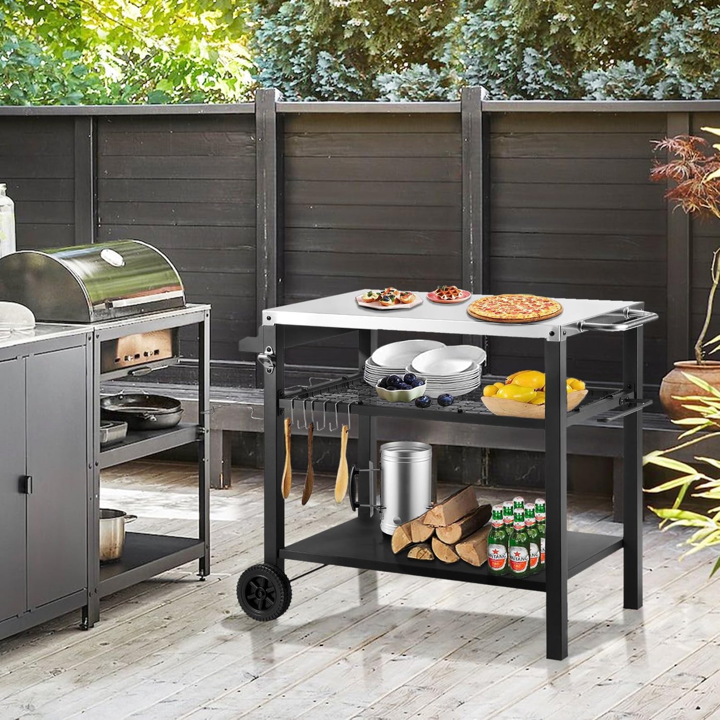 Grill Cart Table with Three Shelf, Movable Outdoor Dining Cart Pizza Oven Stand with Three Hooks, Kitchen Cart Island Multifunction Food Prep Table (Sliver)