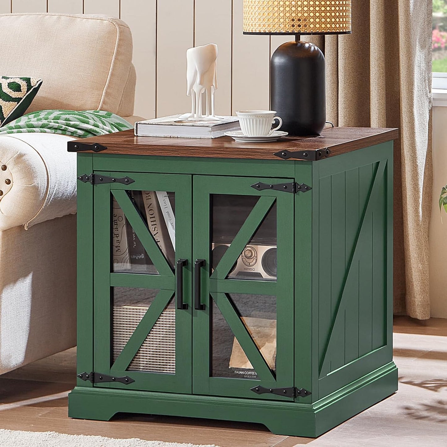 24" End Table Set of 2 with Charging Station, Farmhouse Night Stand with Glass Barn Door, Nightstands with Adjustable Storage Shelf, Large Wood Square Bed Side Table for Living Room, Bedroom