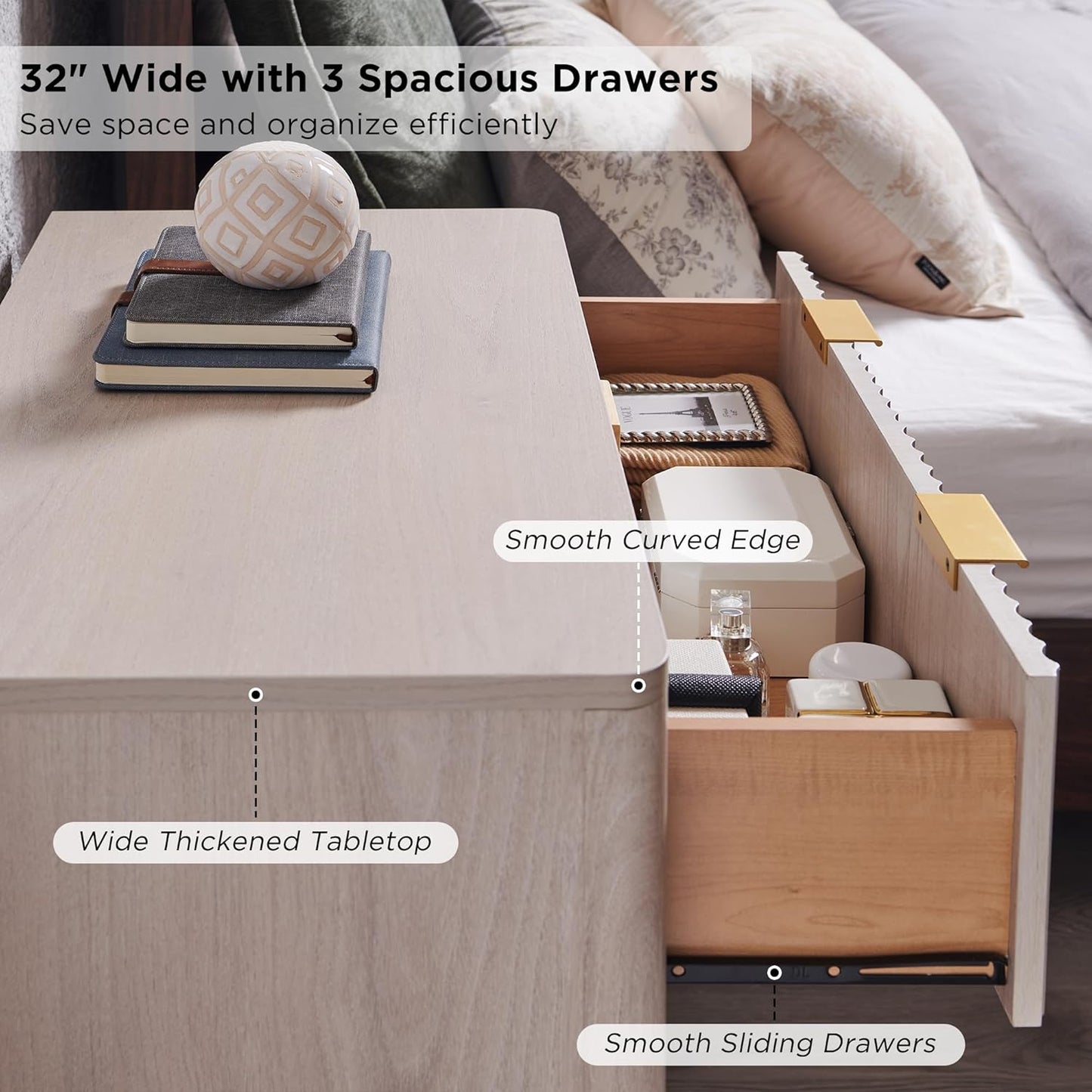 T4TREAM 32" Tall Fluted Nightstand, Modern Side Table with 3 Drawers, End Table w/Storage, Bedside for Bedroom, Living Room, Curved Profile Design, White Alder