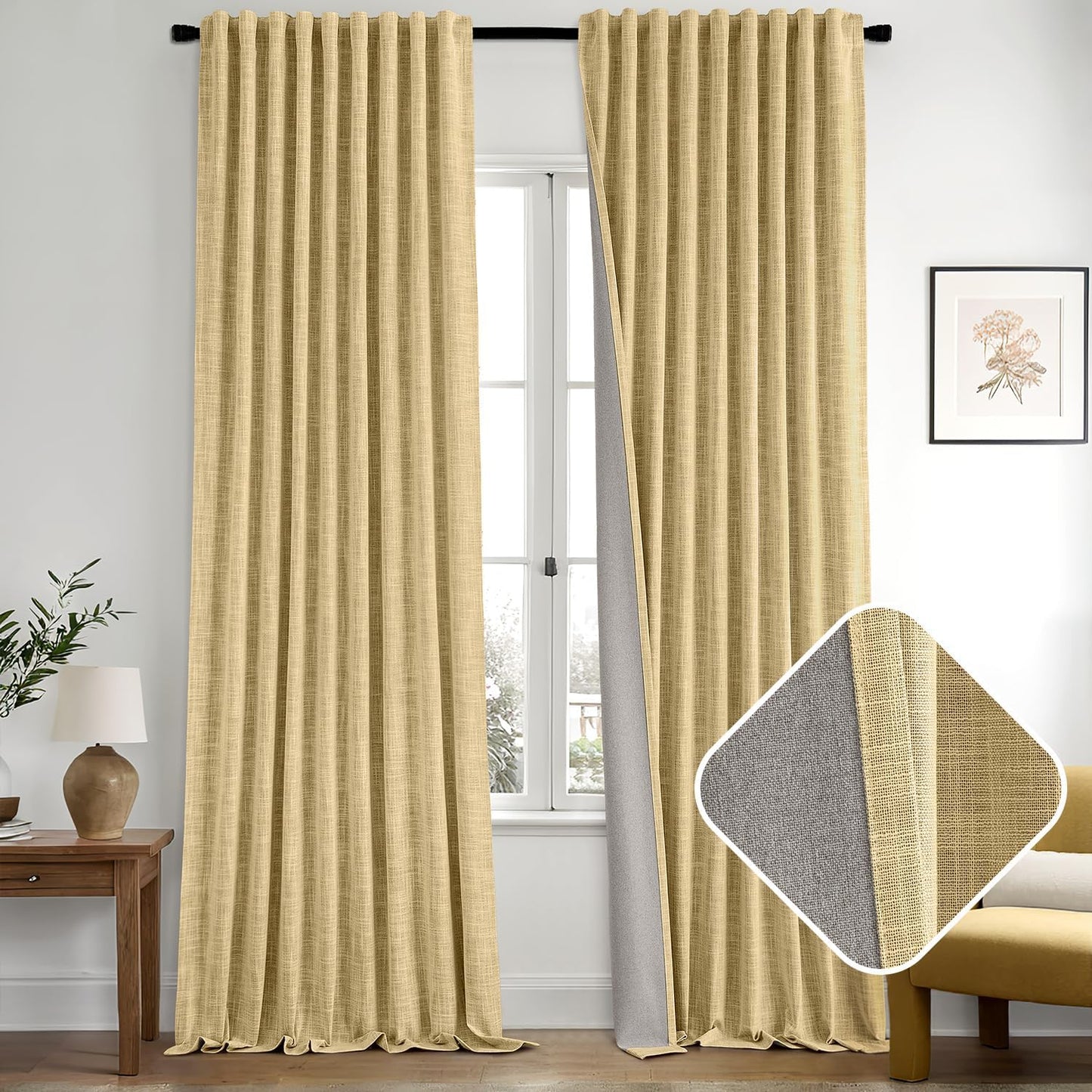 MIULEE Yellow 100% Blackout Linen Curtains 102 Inch 2 Panels Set Double Sided No Coating Pinch Pleated Back Tab Floor to Ceiling Black out Thermal Insulated Bedroom Living Room Darkening Window Drapes