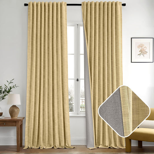 MIULEE Yellow 100% Blackout Linen Curtains 102 Inch 2 Panels Set Double Sided No Coating Pinch Pleated Back Tab Floor to Ceiling Black out Thermal Insulated Bedroom Living Room Darkening Window Drapes