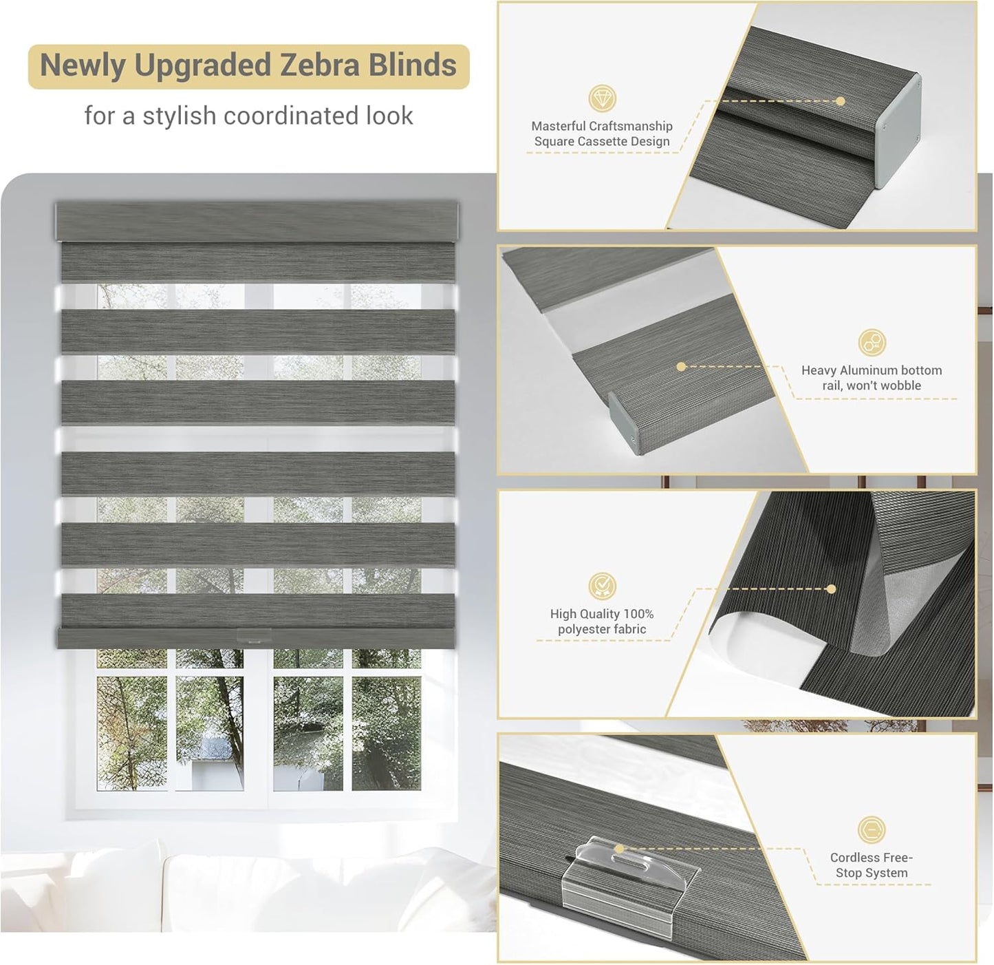 Cordless Zebra Blinds for Windows, Blackout Interior Blinds,Easy to Install,UV Protection,for Offices and Home,Custom Roller Shades, Mousse Grey,45" W x 36" H