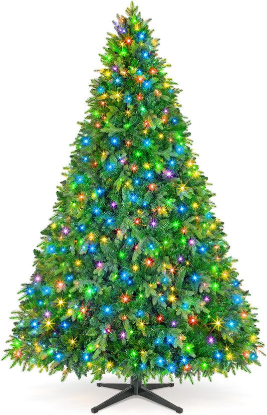 6.5FT Pre-Lit Christmas Tree with Remote Control, Multi-Color LED Lights, Musical Rotating Christmas Tree Stand, Easy Assembly in 3 Sections, Foldable Metal Stand for Home Holiday Decor