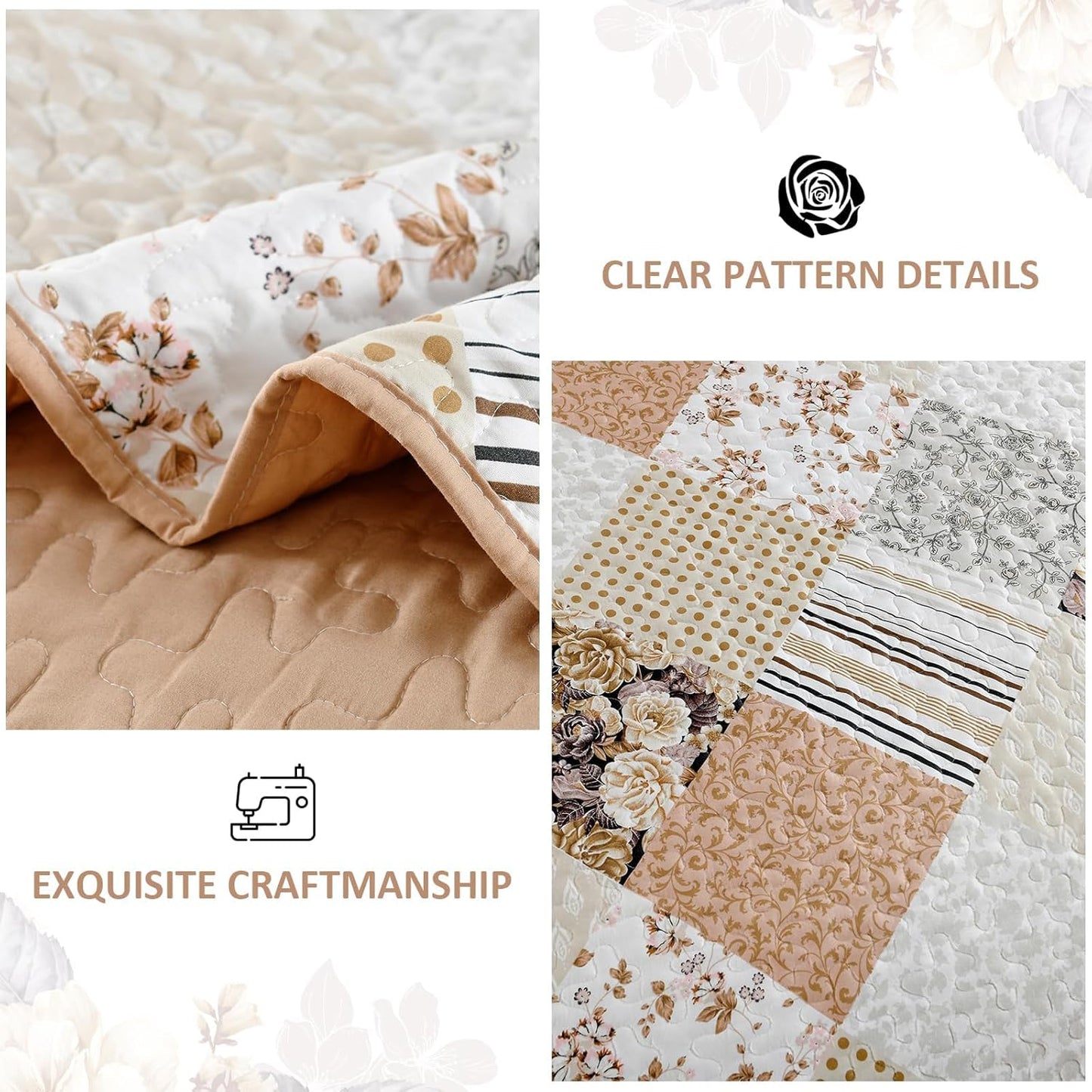 Dobuyly Fall King Size Quilt Set, Beige and Brown Floral Plaid Patchwork Bedspread Reversible Coverlet Set 3 Pieces, Soft Lightweight Microfiber Bedding Set for All Season, 104"x90"
