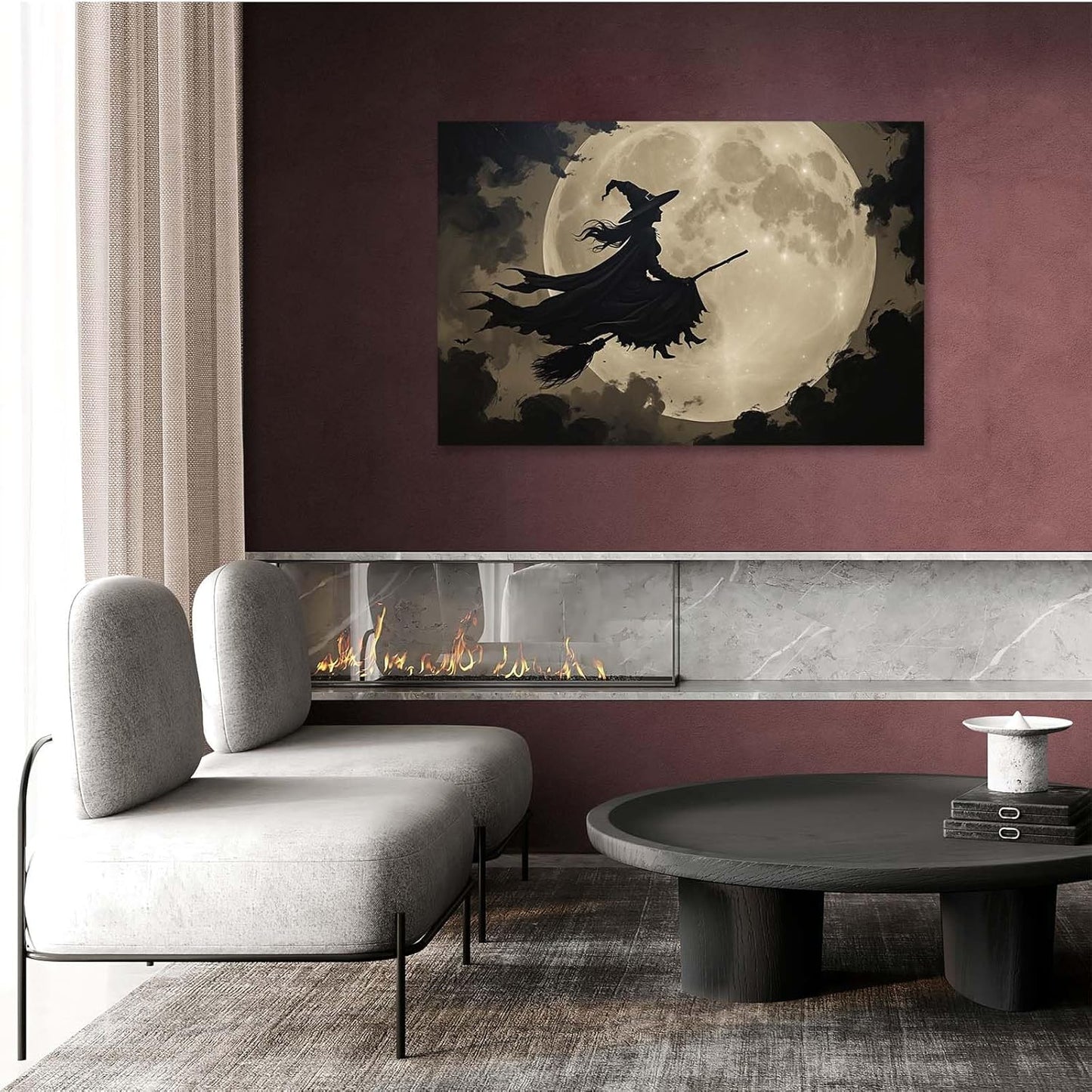 Full moon witch silhouette poster witch on magic broom Halloween mural poster decorative mural art suitable for home living room bedroom16x24in Wood Framed