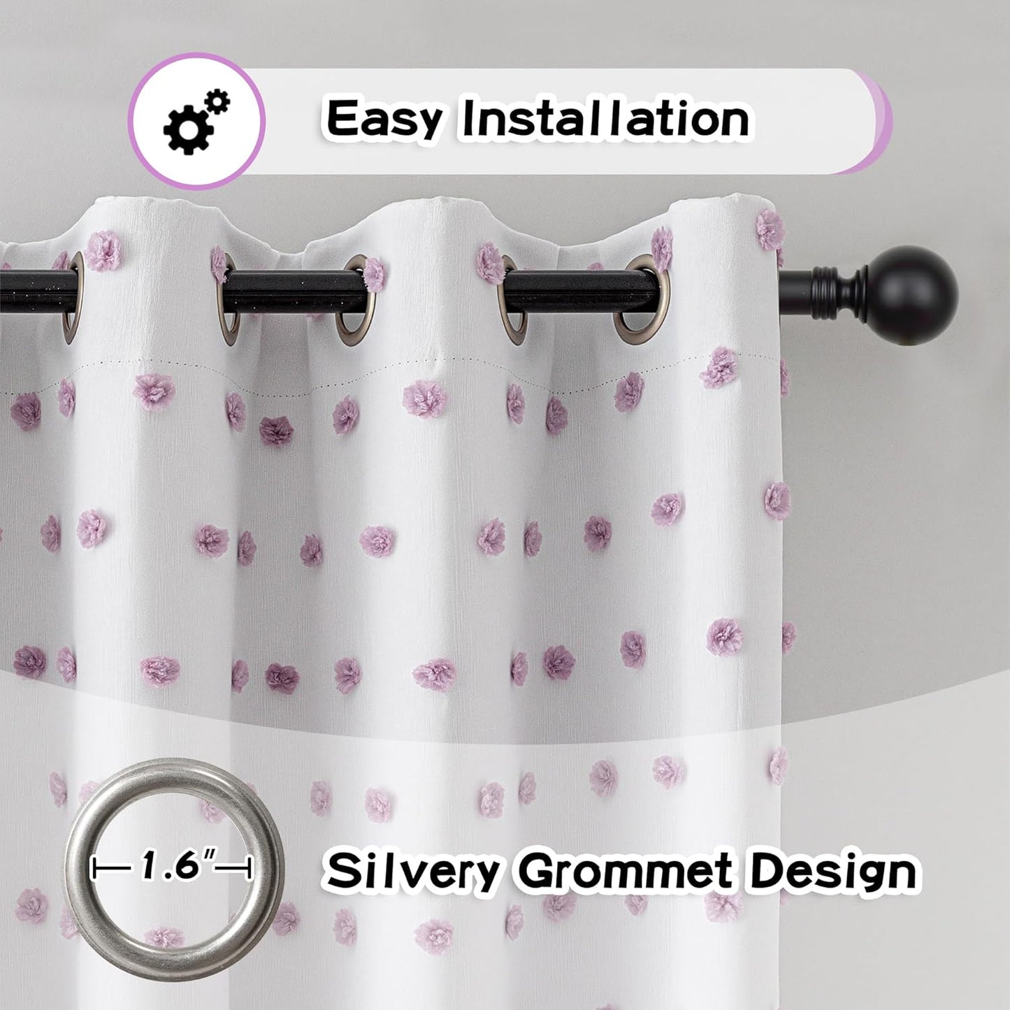 MYSKY HOME 100% Blackout Curtains for Girls Bedroom 84 Inches Long Total Light Blocking Curtains for Living Room 2 Panels Grommet Room Darkening Window Drapes with Purple Pom Pom Sheer 52W x 84L
