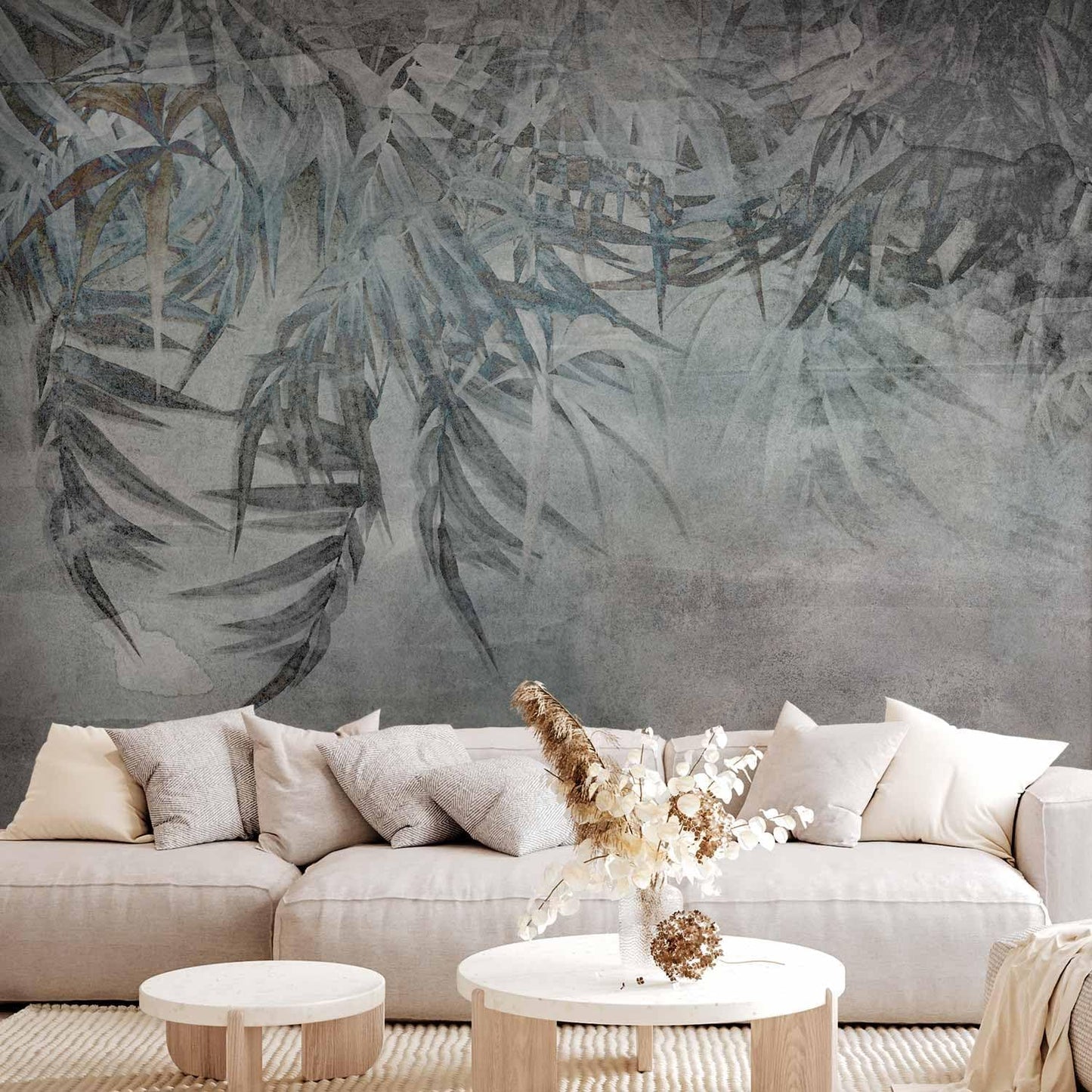 artgeist Wall Mural Leaves 154x110 in - XXL Peel and Stick Self-Adhesive Wallpaper Removable Large Sticker Foil Wall Decor Print Picture Image Design Palm Leaves Concrete Nature Grey b-C-10103-a-a