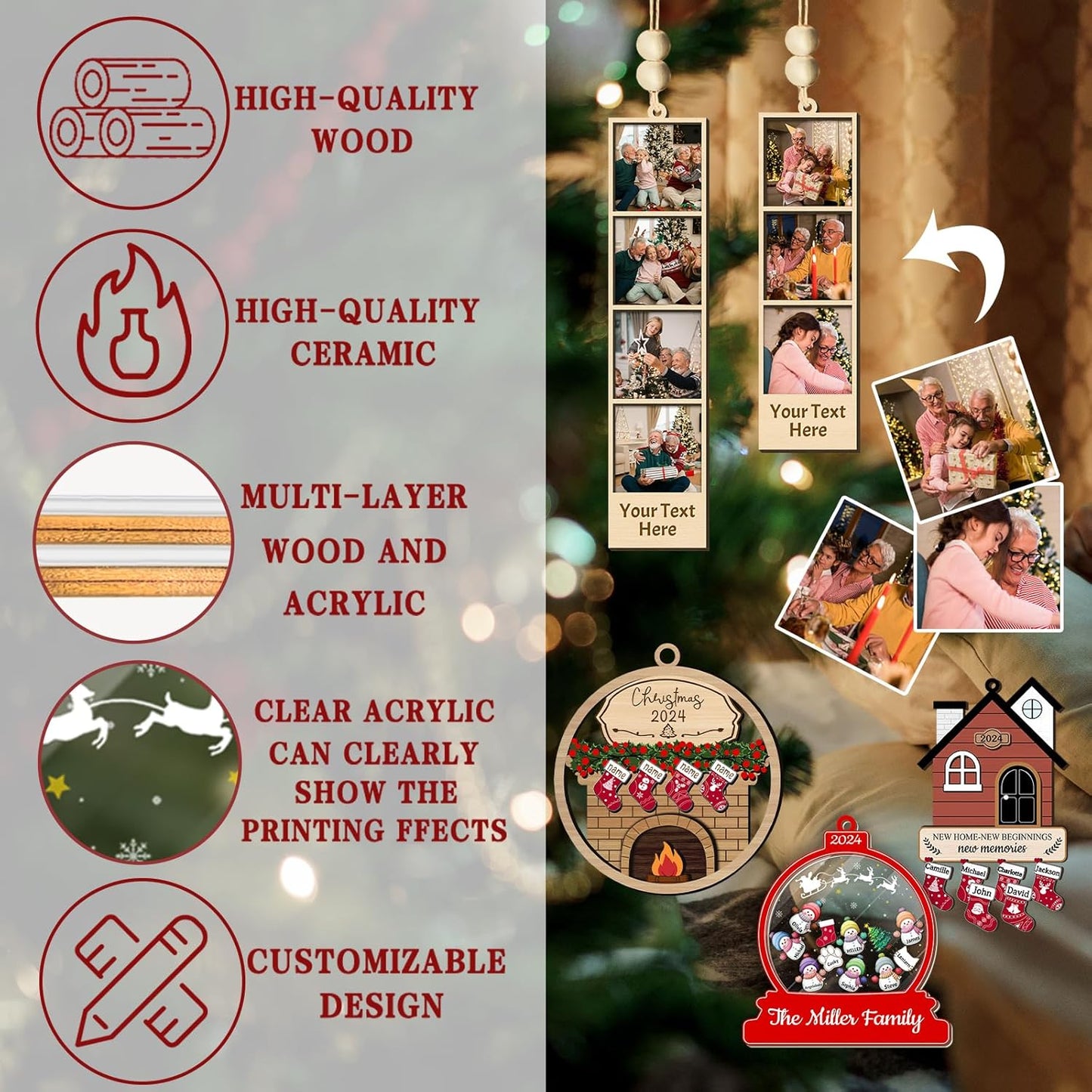 Personalized Christmas Ornaments with Names of 2/3/4/5/6/7/8 Custom Family Ornament Customized Xmas Tree Hanging Wood Decoration Gift Round Fireplace