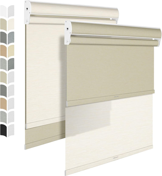 BERISSA Dual Roller Shades - Cassette Valance, Blackout & Light Filtering, Day & Night Shades for Home Office Door. Striped Jacquard Beige. 42 W x 86" H