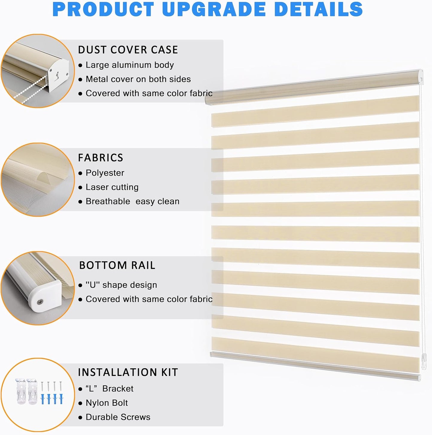 Zebra Blinds for Windows, Free-Stop Zebra Shades, Dual Layer Light Filtering Sheer Blinds for Indoor Windows, Roller Window Shades for Privacy (23" W X 72" H, Cream)