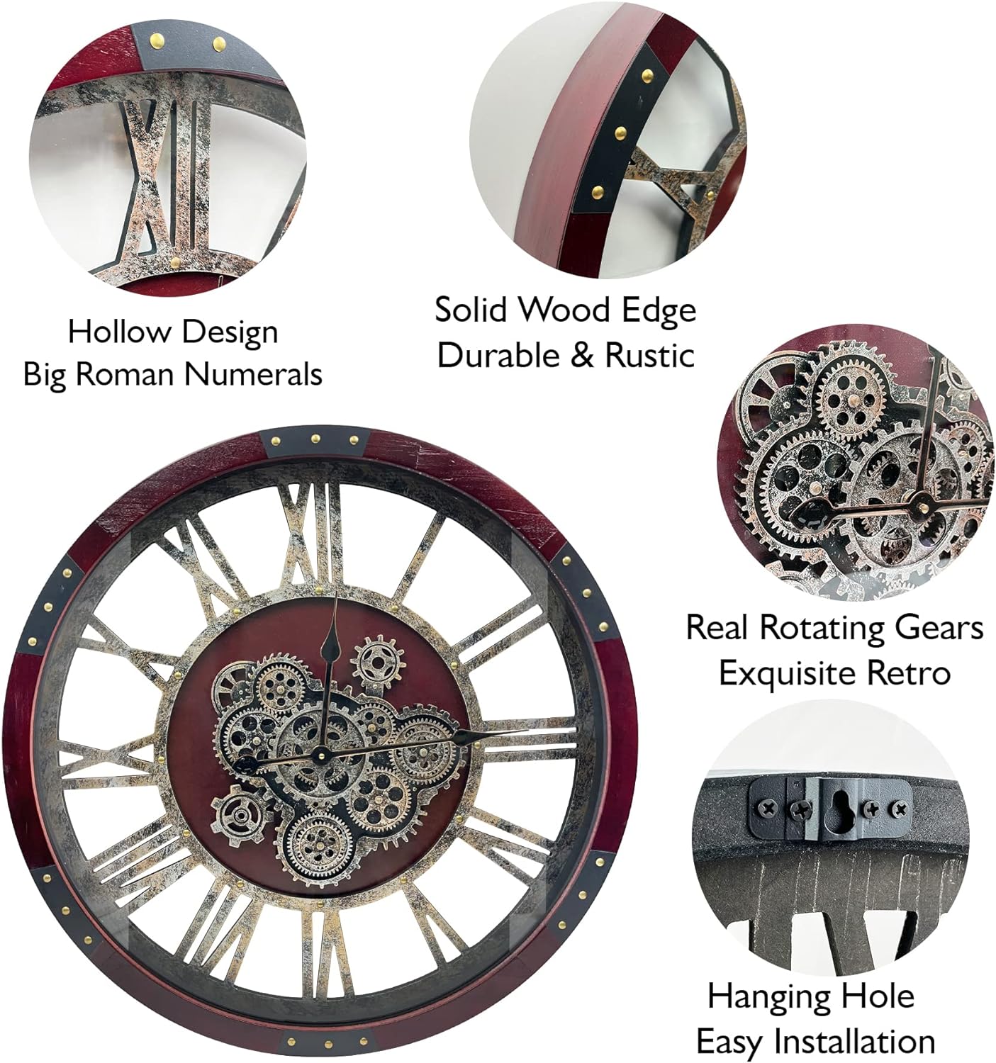 DORBOKER 24" Original Moving Gears Wall Clock, Large Industrial Wall Clock for Living Room Decor, Oversized Wood Vintage Farmhouse Steampunk Rustic Clocks for Wall Christmas Decor,Cherry Red