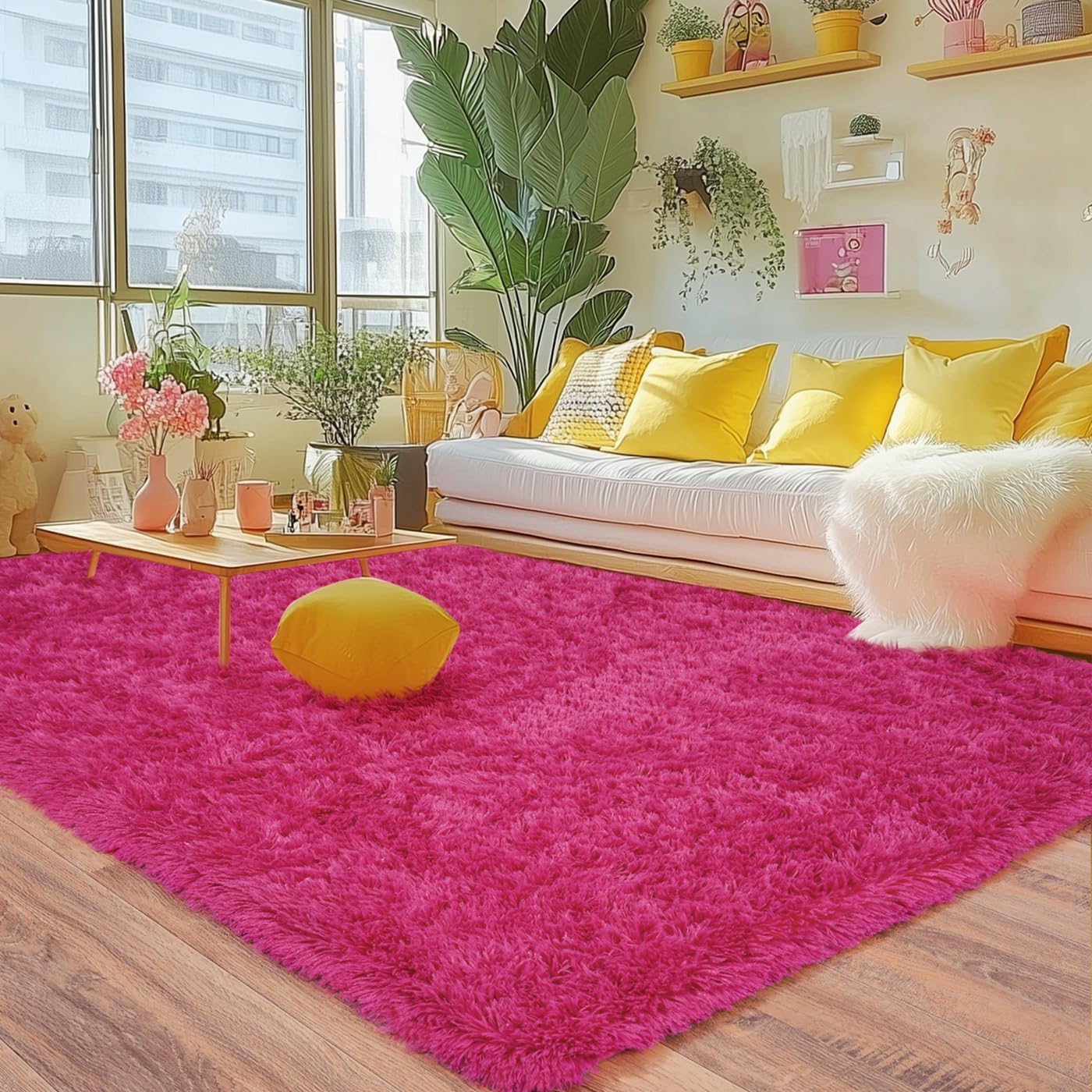 Rezutan Soft Fluffy Rug for Living Room Bedroom, Large Comfy Modern Shaggy Fuzzy Kids, Plush Indoor Nursery Classroom Home Decor Bedside Rug with Non-Slip Bottom, Hot Pink, 6 X 9 Feet