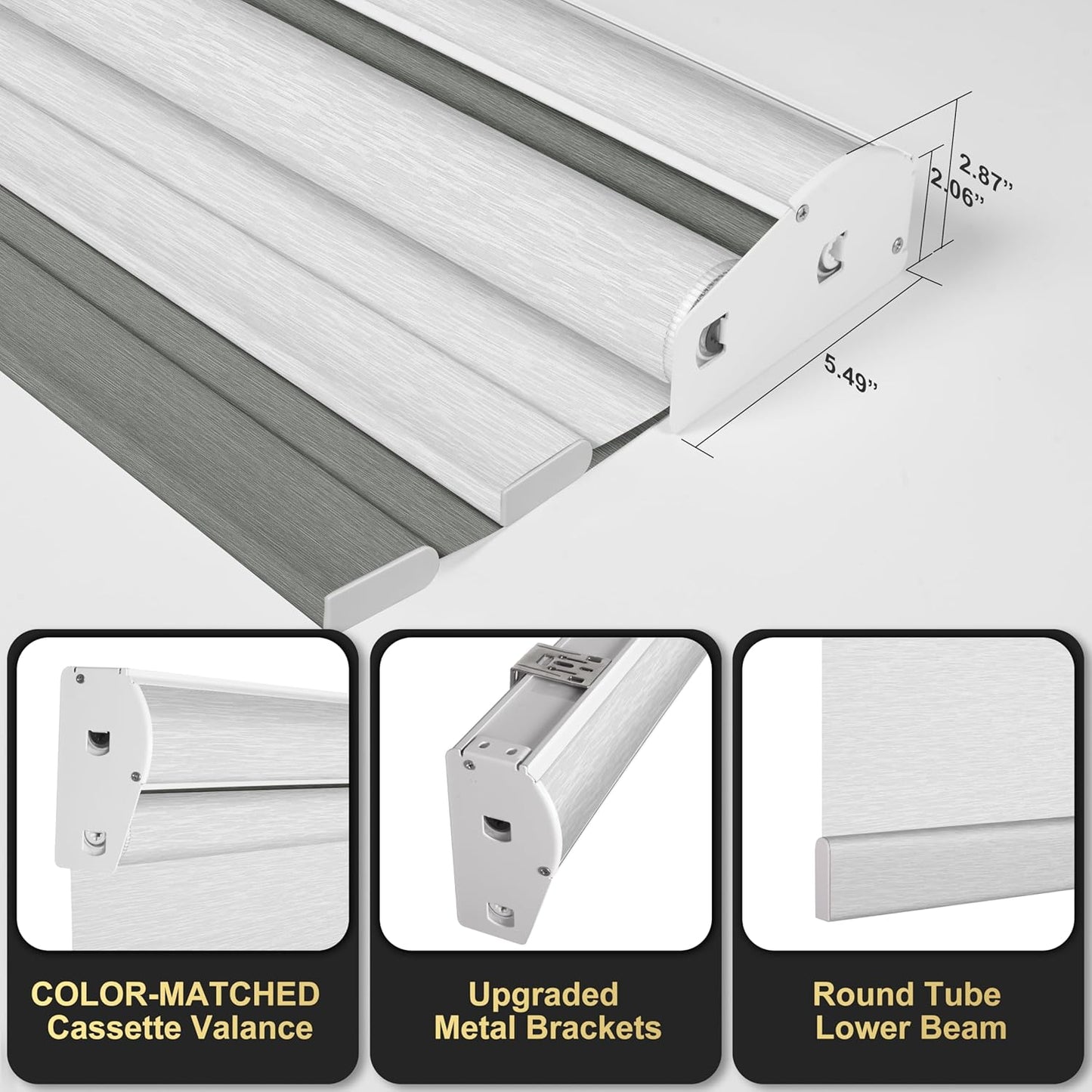 BERISSA Cordless Dual Roller Shades with Cassette Valance, Double Window Shades - Blackout and Light Filtering, Day and Night for Home Office Door. Grey and White. 30 W x 64" H