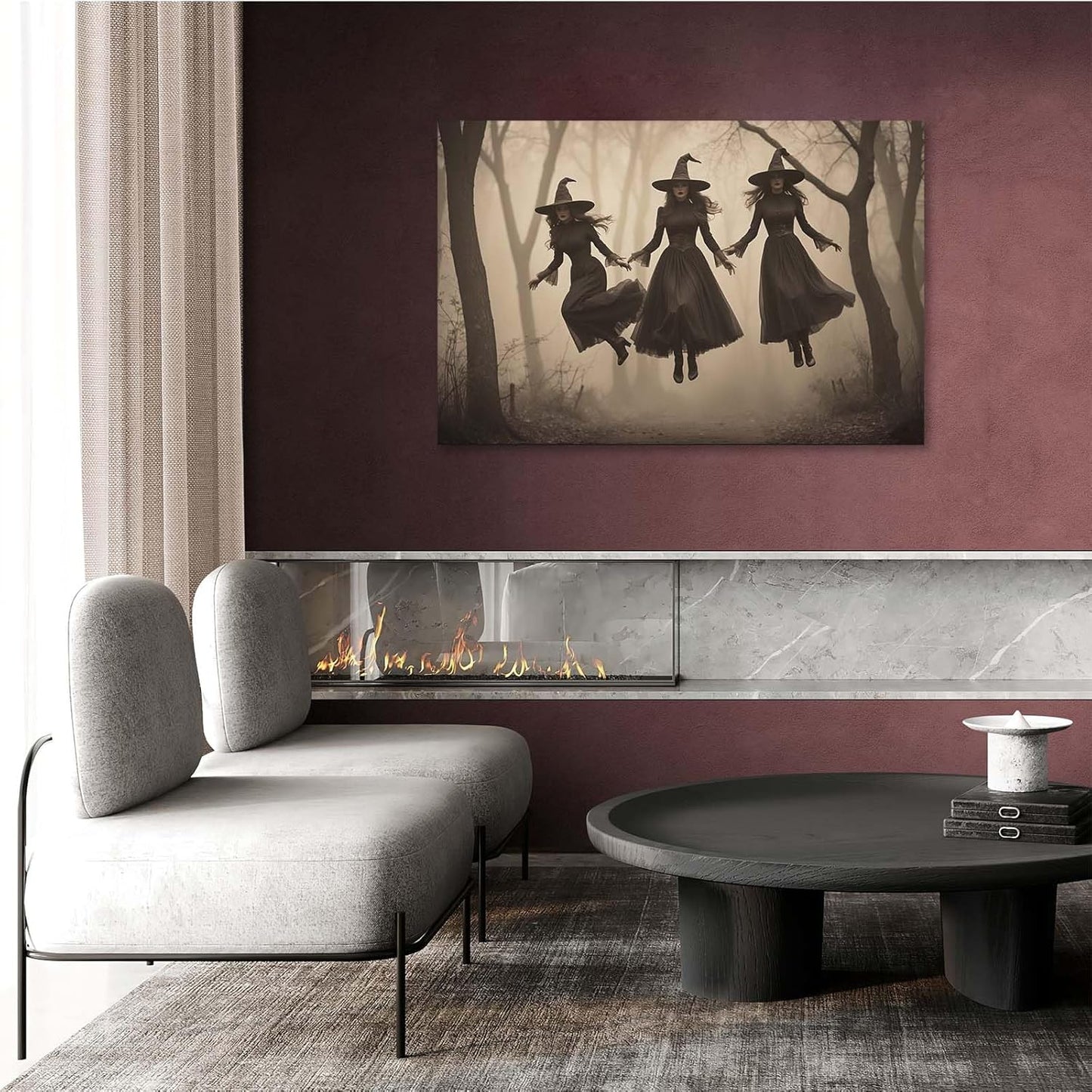 Three ghost witches flying in vintage forest gothic wall art witchcraft decoration holiday gift canvas wall art print16x24in Wood Framed