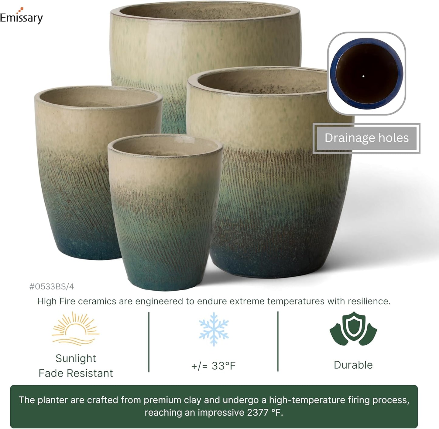 Emissary Bullet 18 in. Bayside Green Ceramic Round Planter (18 in. L x 18 in. W x 21 in. H) with Drainage Hole