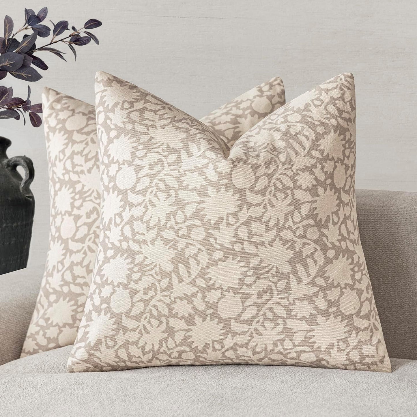 Foindtower Set of 2 Decorative Neutral Floral Throw Pillow Covers Accent Farmhouse Cushion Covers Boho Vintage Pillowcase for Couch Sofa Bedroom Living Room Home Decor Outdoor,24×24 Inch,Ivory Beige