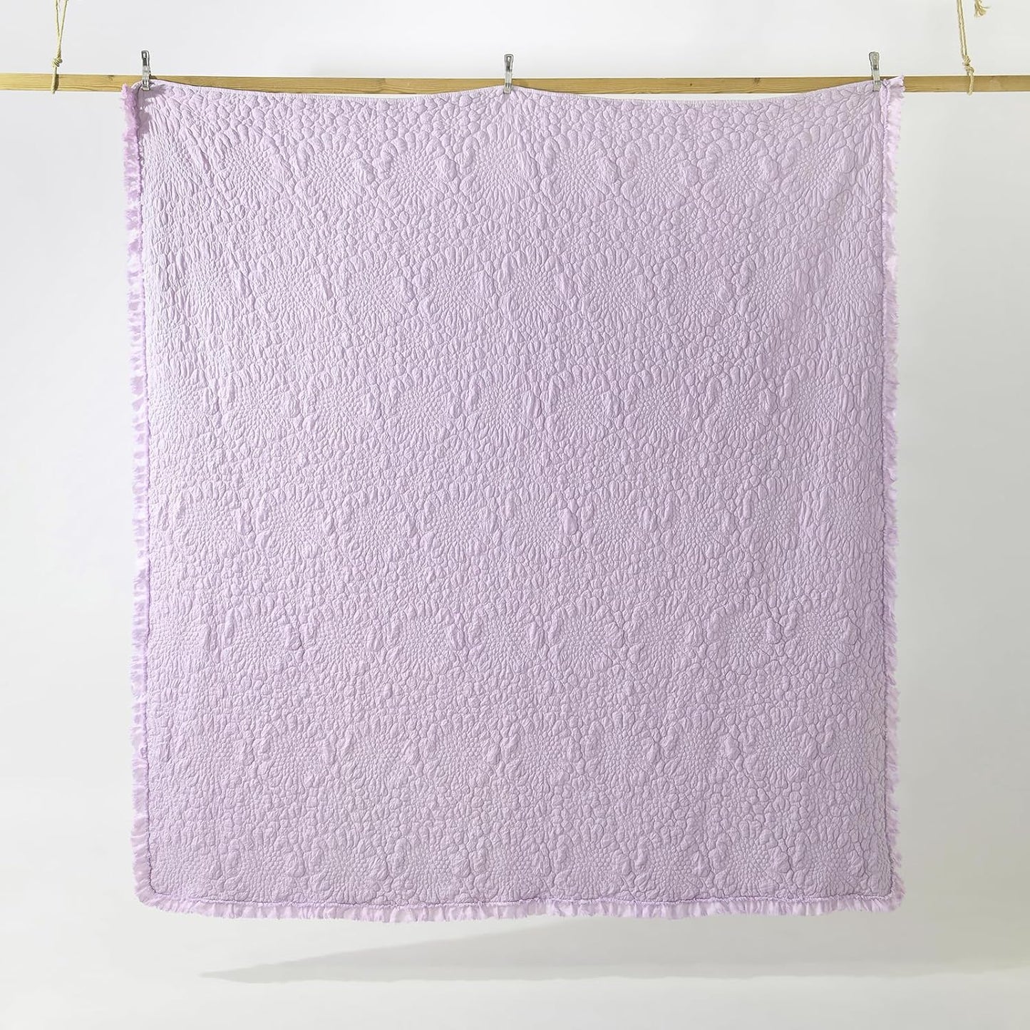 HORIMOTE HOME Lavender Ruffled Quilt Twin Size, Stone-Washed Microfiber Lightweight Crinkled Farmhouse Rustic Shabby Chic Bedding Set, 2 Pieces Reversible Bedspread with Pillow Sham for All Season