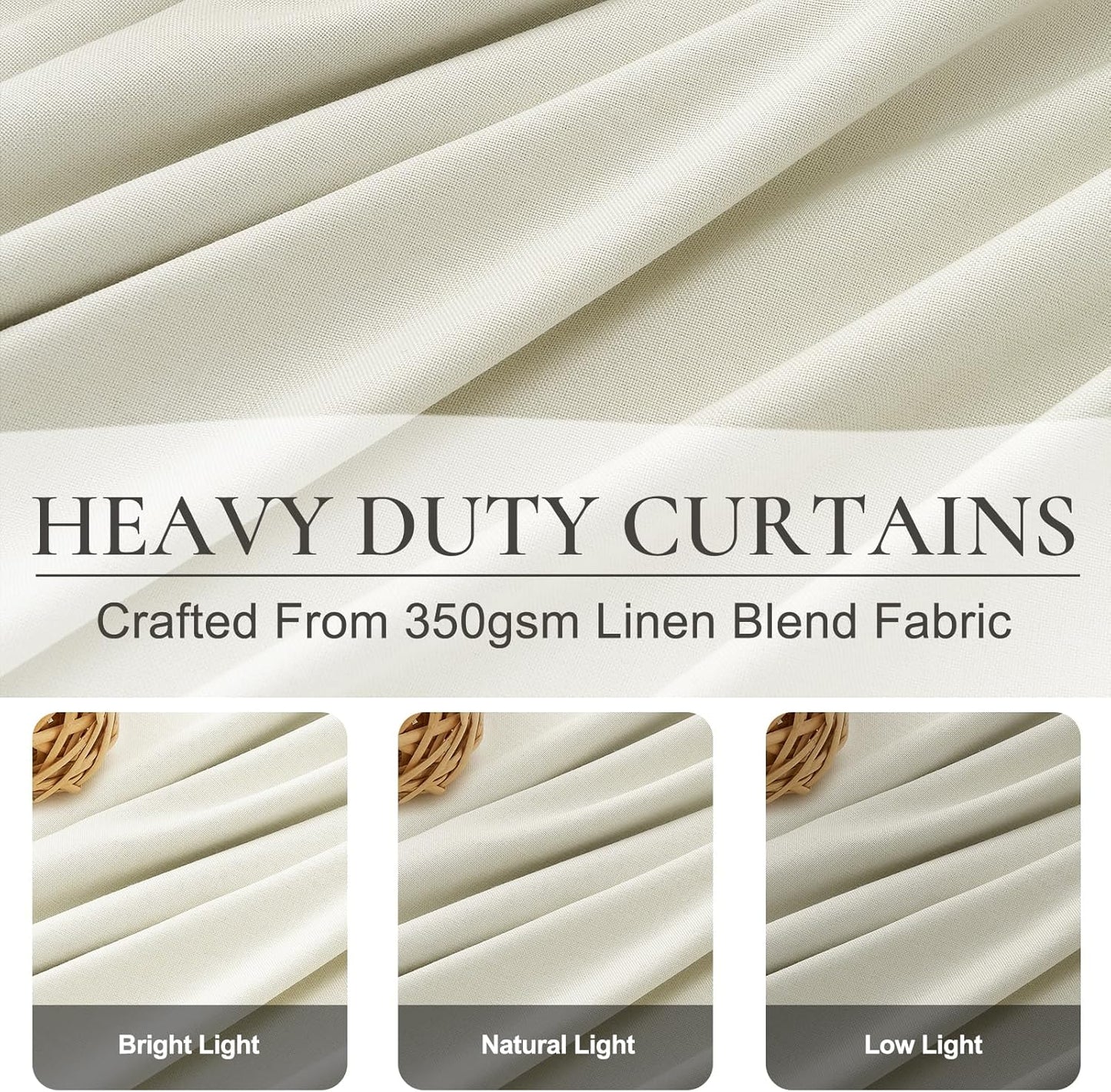 Cream White Blackout Drapes 96 Inches Long 2 Panels, Linen Room Darkening Fabric Thick for Bedroom Viral Pinch Pleated Window Curtains 96 Inches Long with Hooks Sound Deadening Insulated Thermal Cute