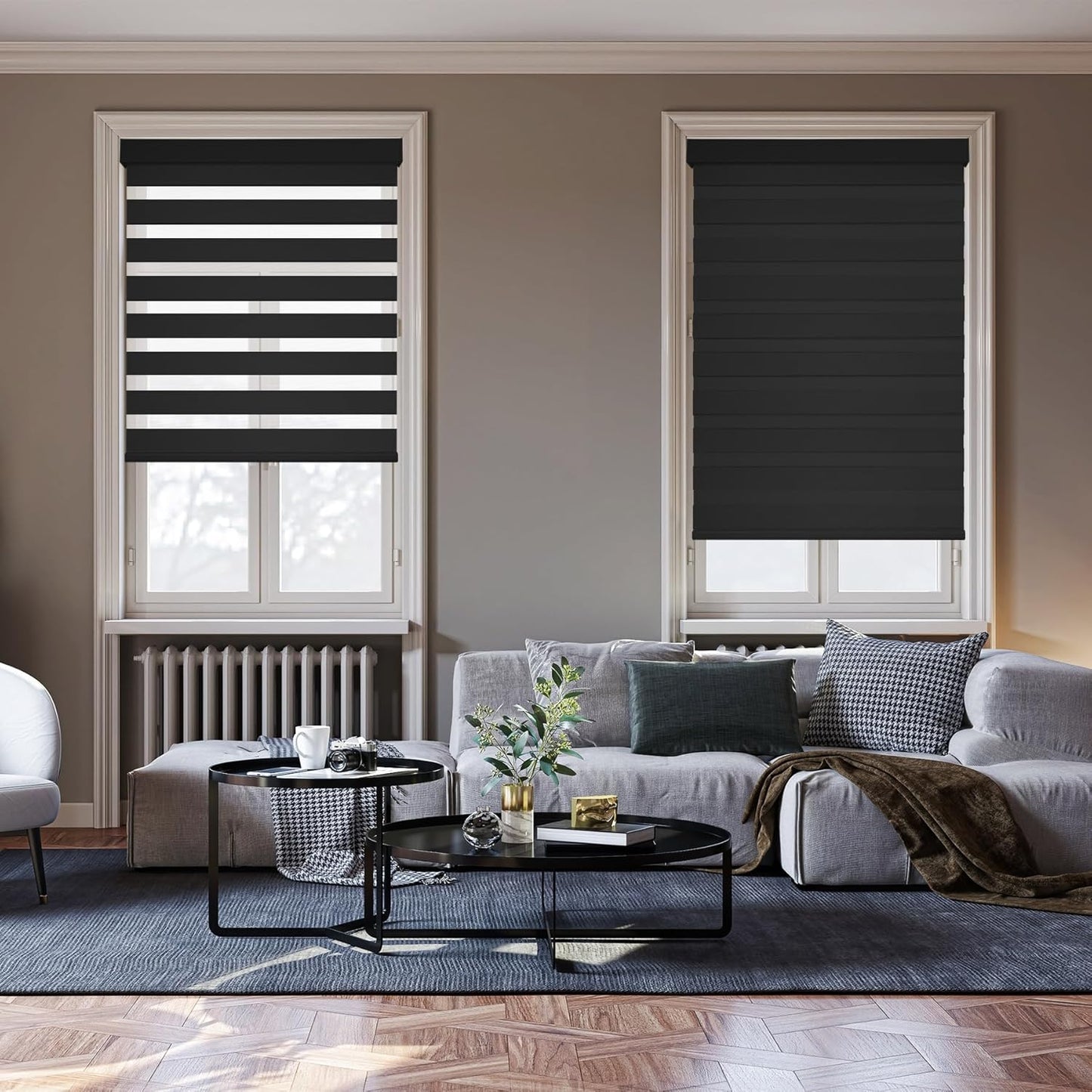 HESTIA Cordless Zebra Blinds Light Filtering Roller Shades UV Blocking Blackout Privacy Indoor Window Shades for Home Office Day and Night, Black,34" W x 48" H
