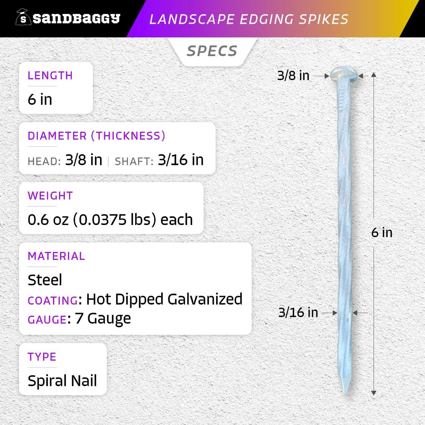 Sandbaggy 6 inch Galvanized Landscape Edging Spikes - Spiral Landscape Nails - 7 Gauge Steel - Great for Hard Rocky Soil - Also Great for Paver Edging, Artificial Turf, Landscape Fabric (100, 6 inch)