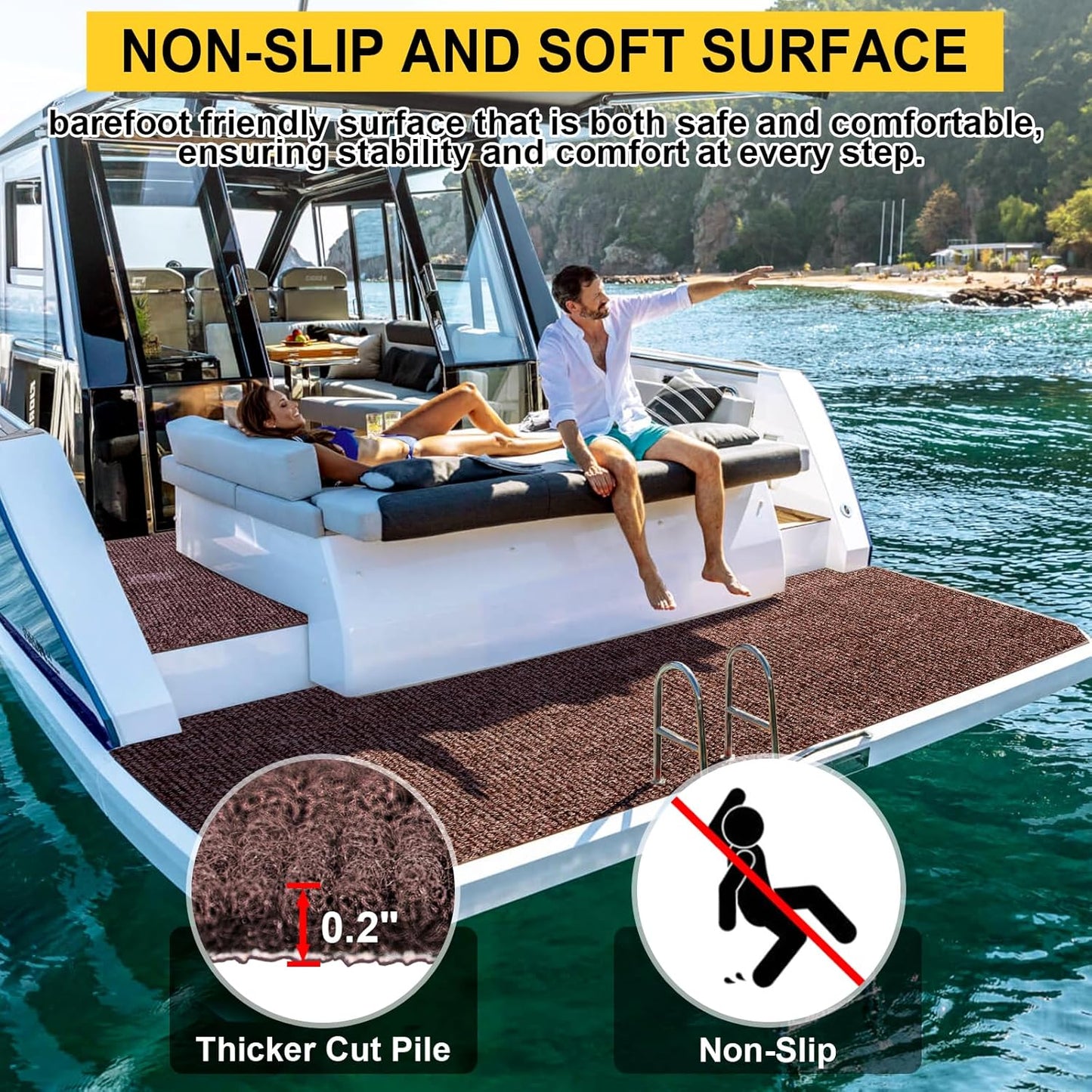 Marine Carpet, 6 FT x 14 FT Brown Indoor/Outdoor Area Rug, 0.2" Thick, Water-Resistant, Non-Slip, Machine Made, Solid, Marine Animals Theme