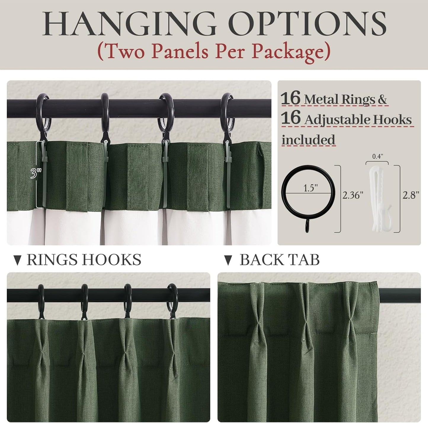 Olive Green Pinch Pleated Cafe Blackout Curtains 45 Inch Length for Small Windows, Dark Academia Cottage Core Curtains Faux Linen Viral Kitchen Drapes Room Darkening Thermal 2 Panels Set(40"W x 45"L)